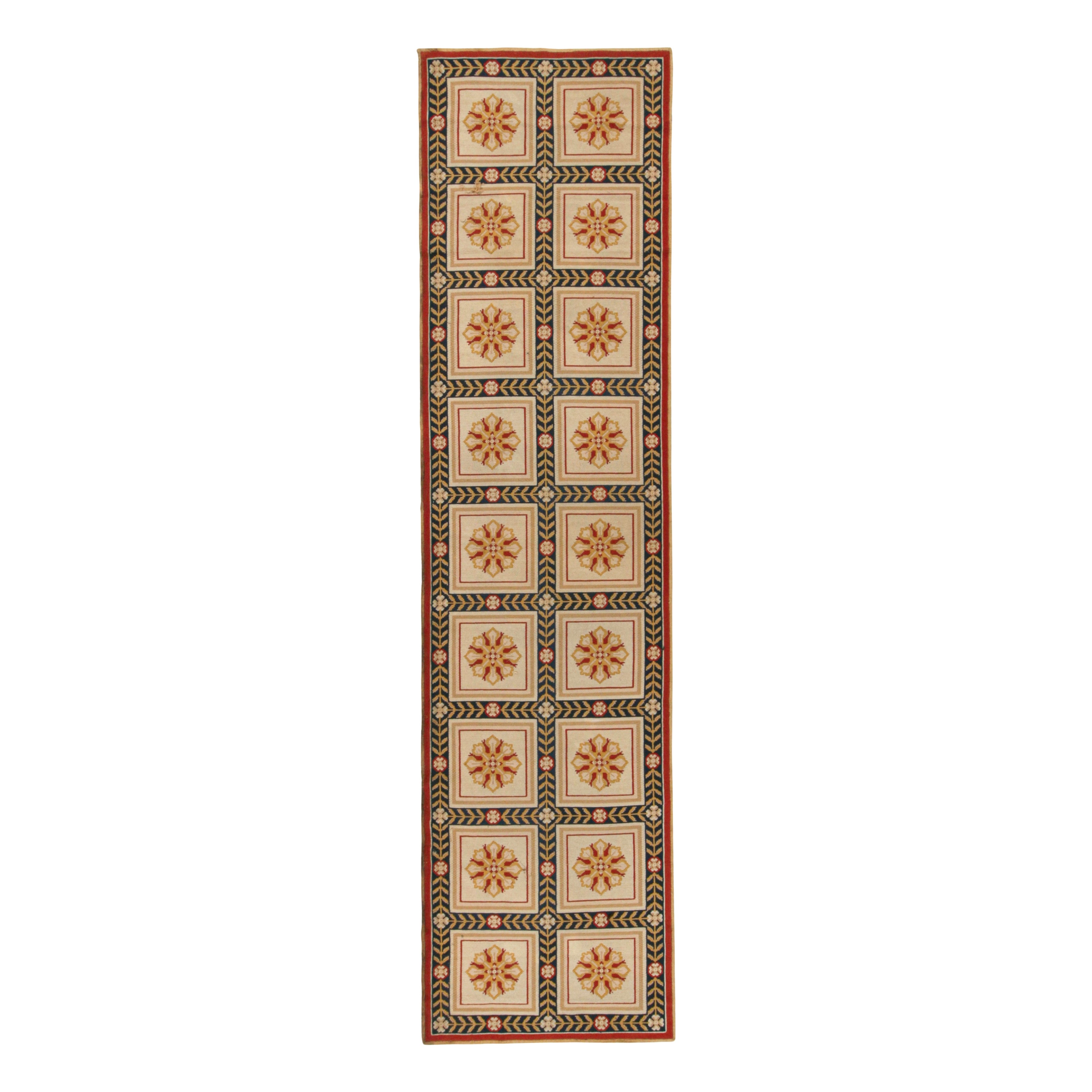 Vintage Arraiolos Needlepoint runner in Beige, Red and Gold Floral Medallions