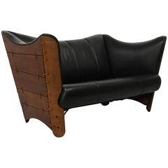 Used Pacific Green Palmwood and Leather Cayenne Sofa Loveseat