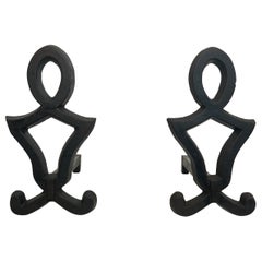 Pair of Modernist Cast Iron and Wrought Iron Andirons by Raymond Subes