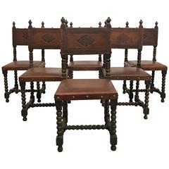 Set of Six Antique Spanish Colonial Stamped Leather Dining Chairs