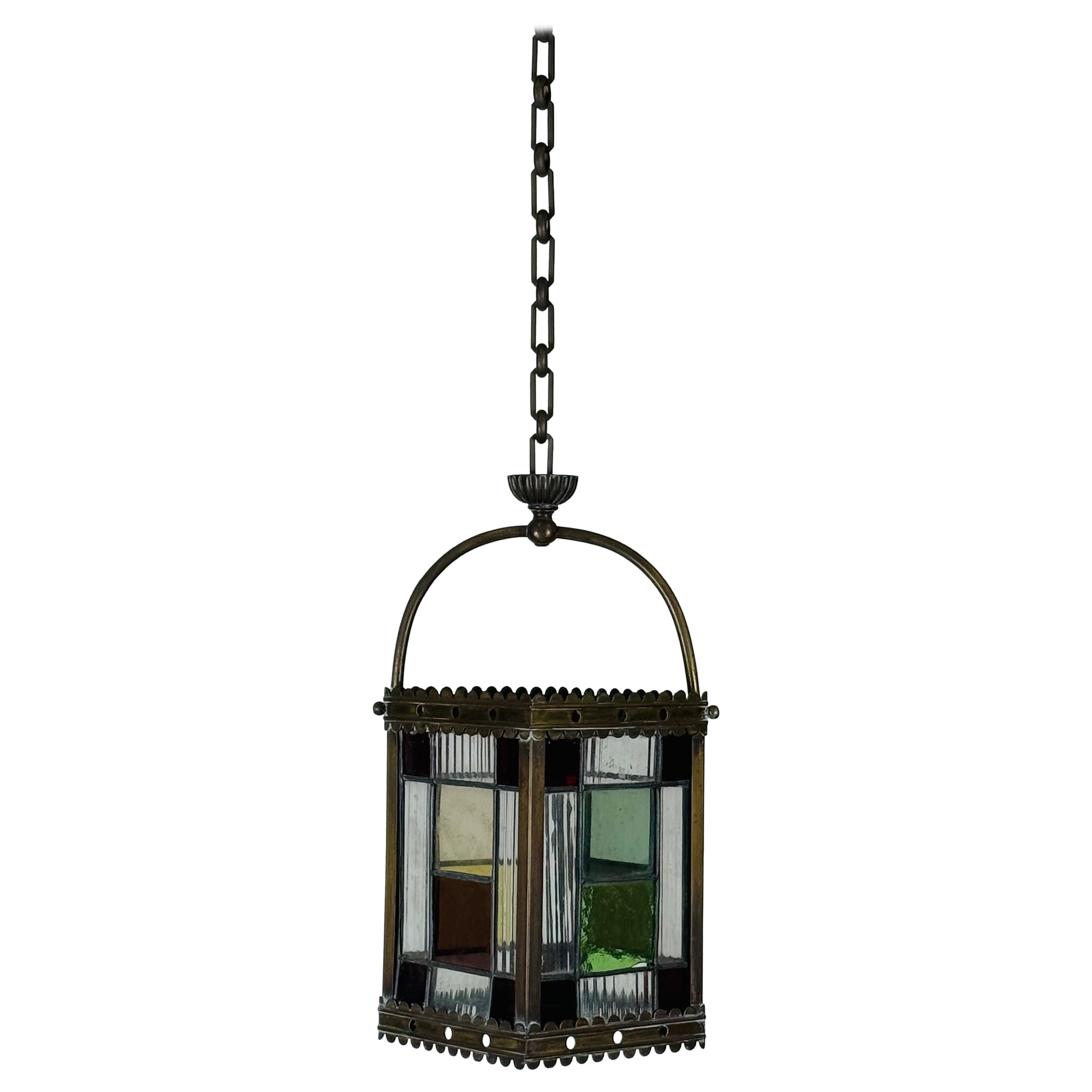 19th Century Patinated Brass and Stained Glass Victorian Hall Lantern
