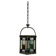 19th Century Patinated Brass and Stained Glass Victorian Hall Lantern