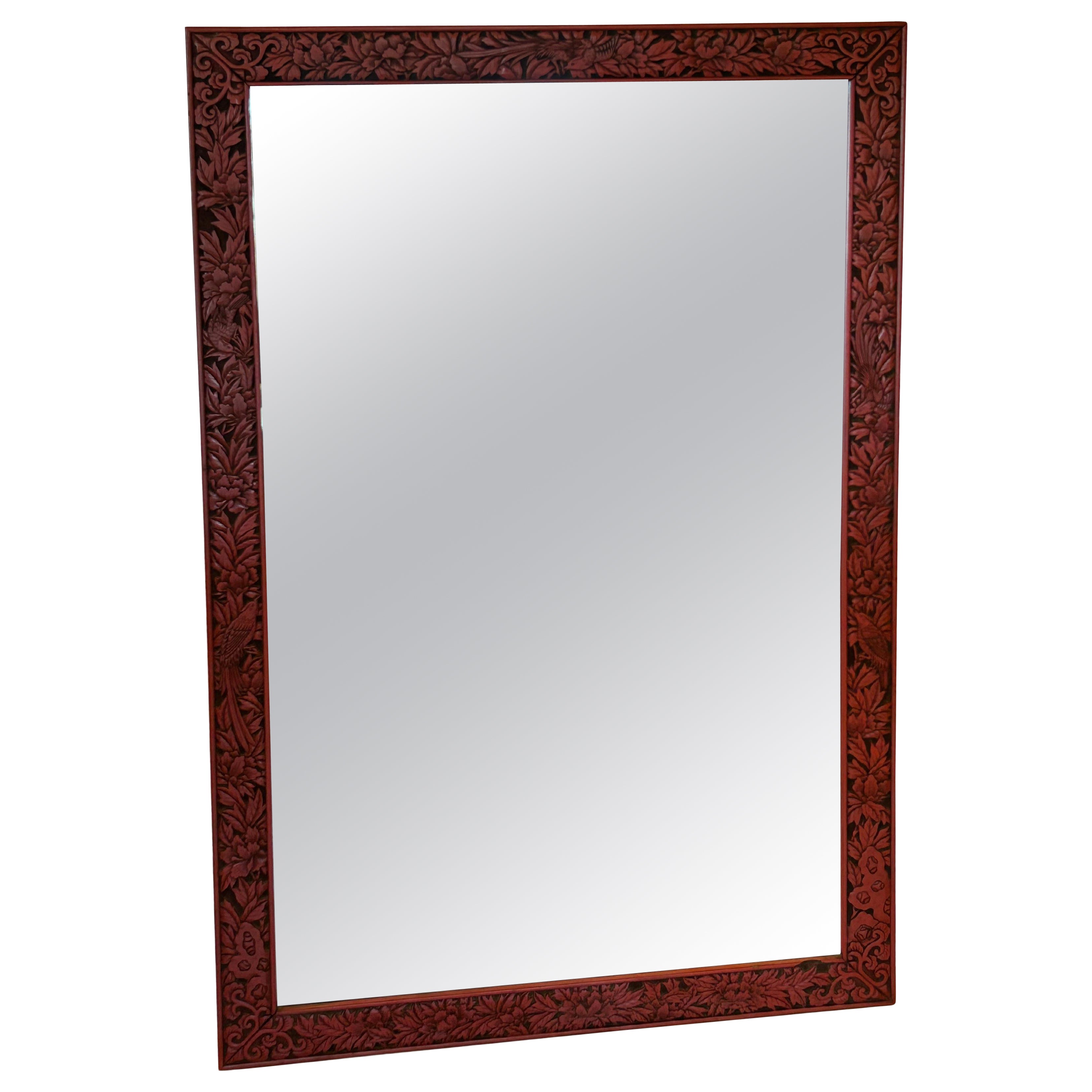 Très rare miroir chinois rectangulaire Cinnabar en bois sculpté avec oiseaux en vente