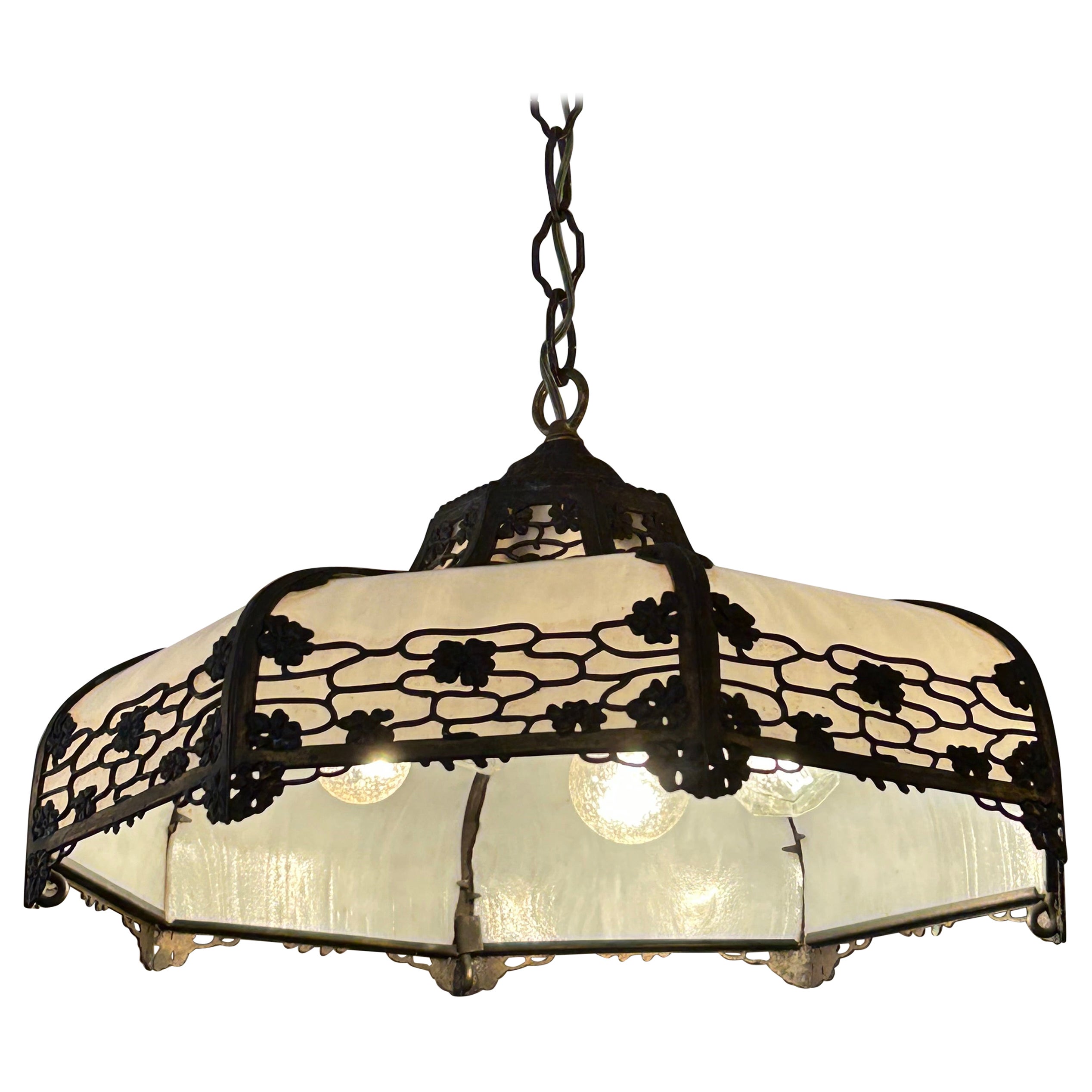 Gorgeous Milk Glass & Bronzed Metal Tiffany Style Chandelier For Sale
