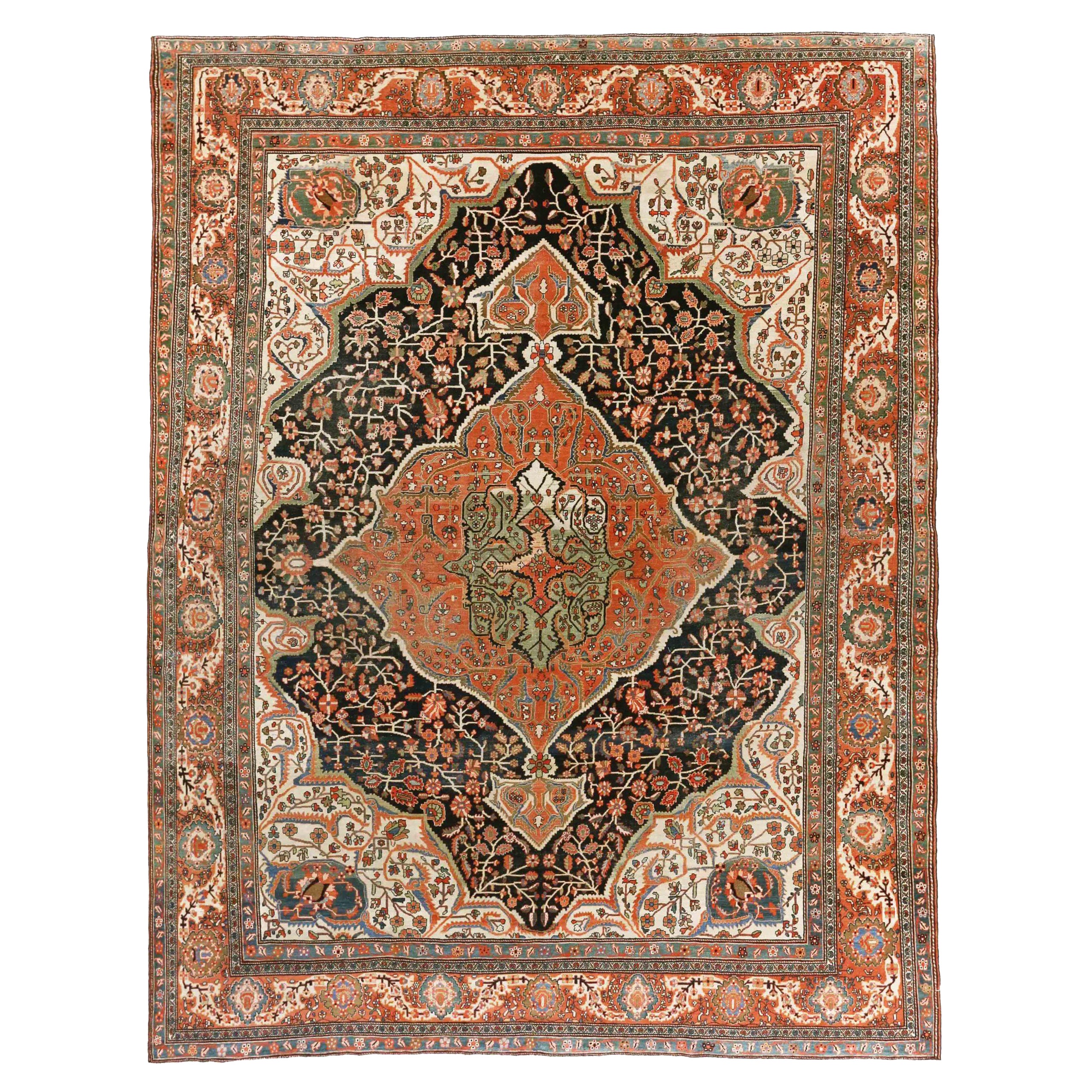Tapis Persan Farahan Circa 1880 - Laine Vert Ivoire Bleu Marine Rouge 70600