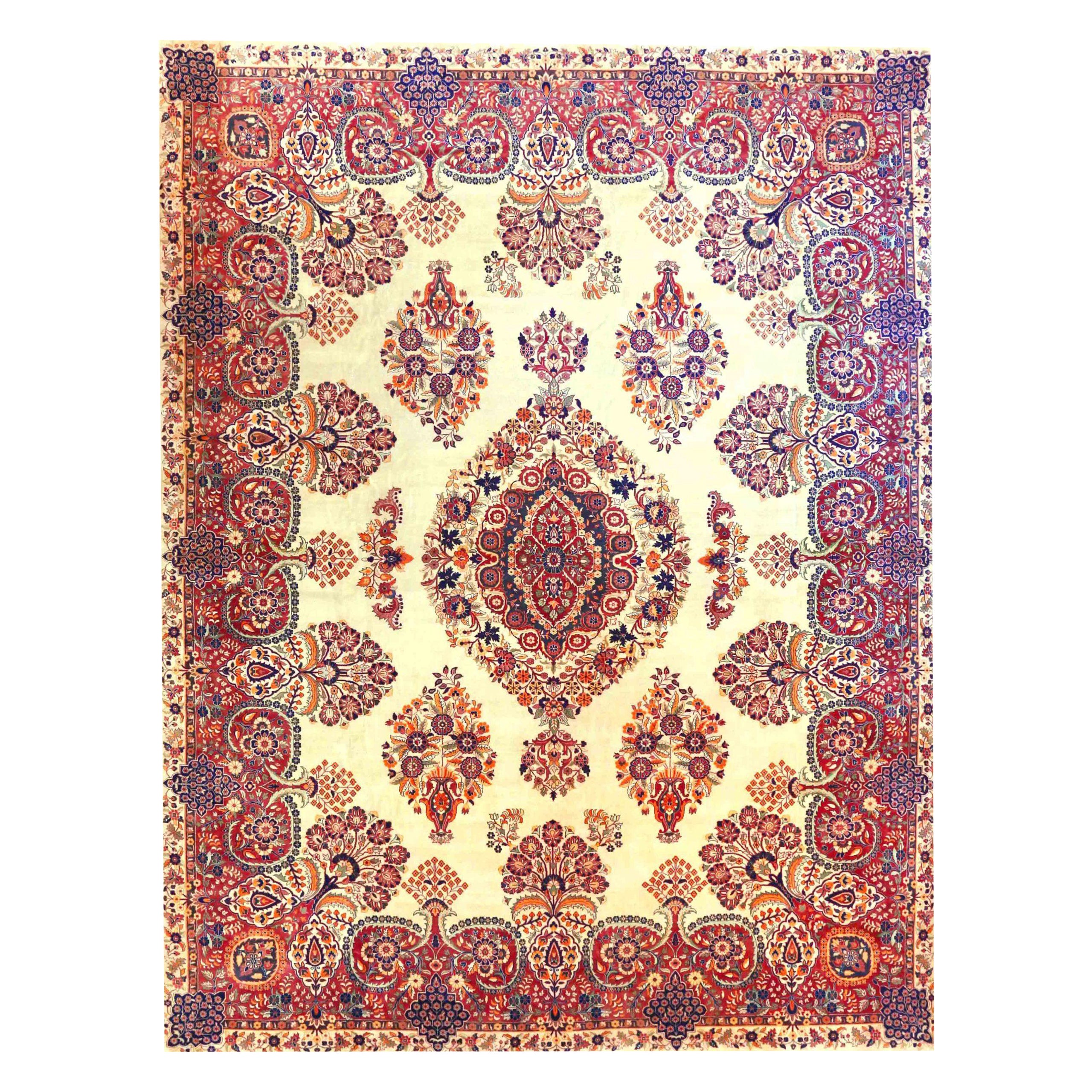 Tappeto persiano Kerman Over Size Circa 1940 - Lana Blu Avorio Rosso 70604 in vendita