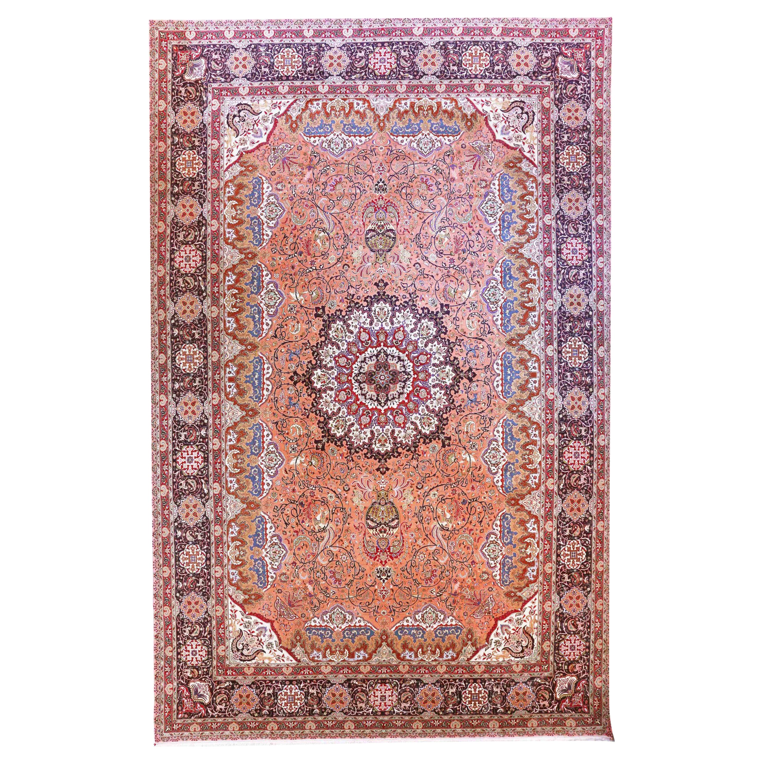 Tapis persan Tabriz Over Size datant d'environ 1940 - Laine bleu ivoire rose 70605