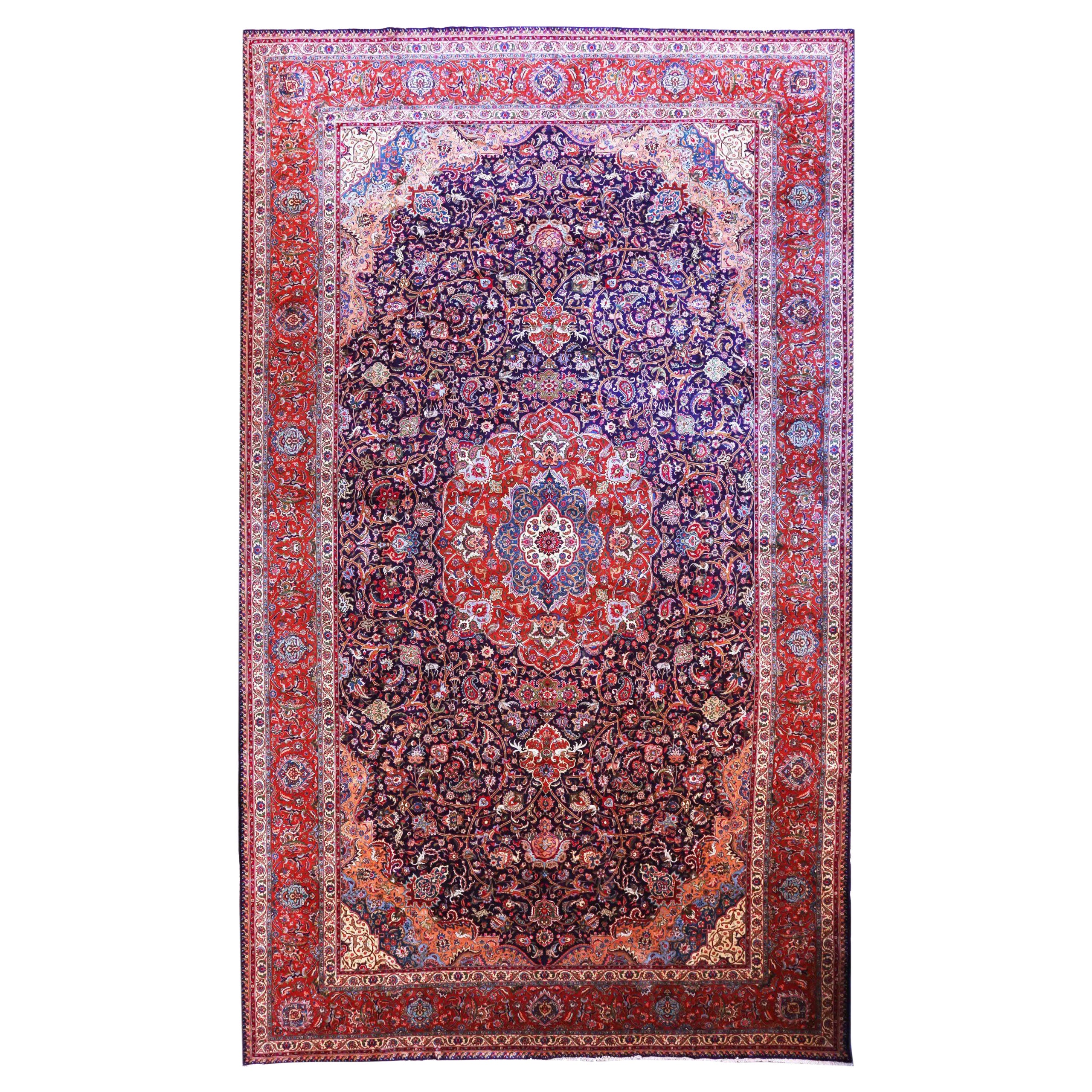 Tapis persan Tabriz Over Size datant d'environ 1940 - Laine bleu marine rose rouge 70618
