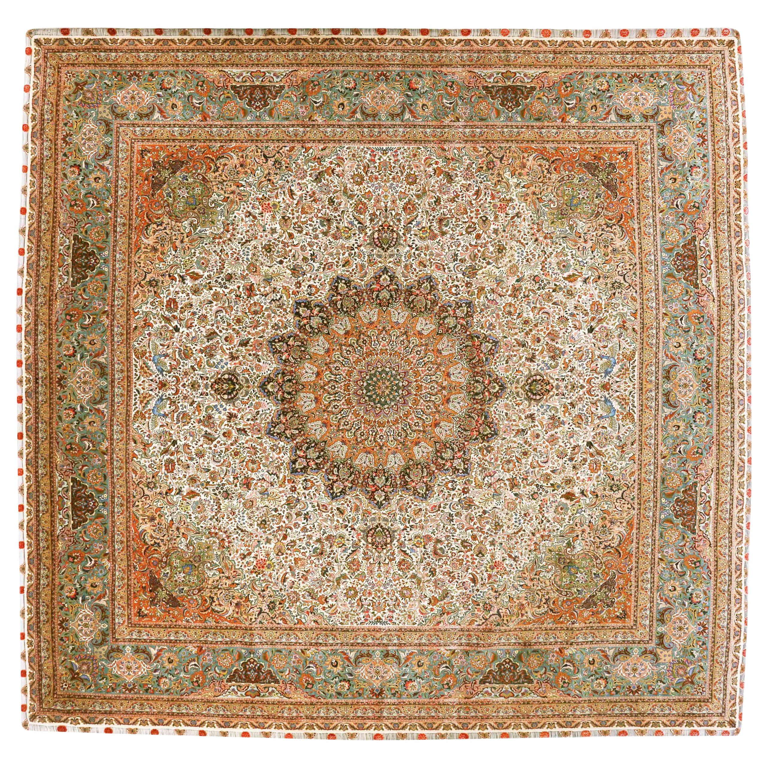 Tappeto persiano Tabriz Square Area Rugs Circa 1940 - Lana Verde Avorio Rosa 70609 in vendita