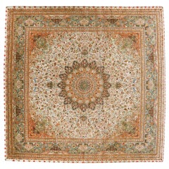 Tabriz Persa Alfombras Cuadradas Circa 1940 - Lana Verde Marfil Rosa 70609