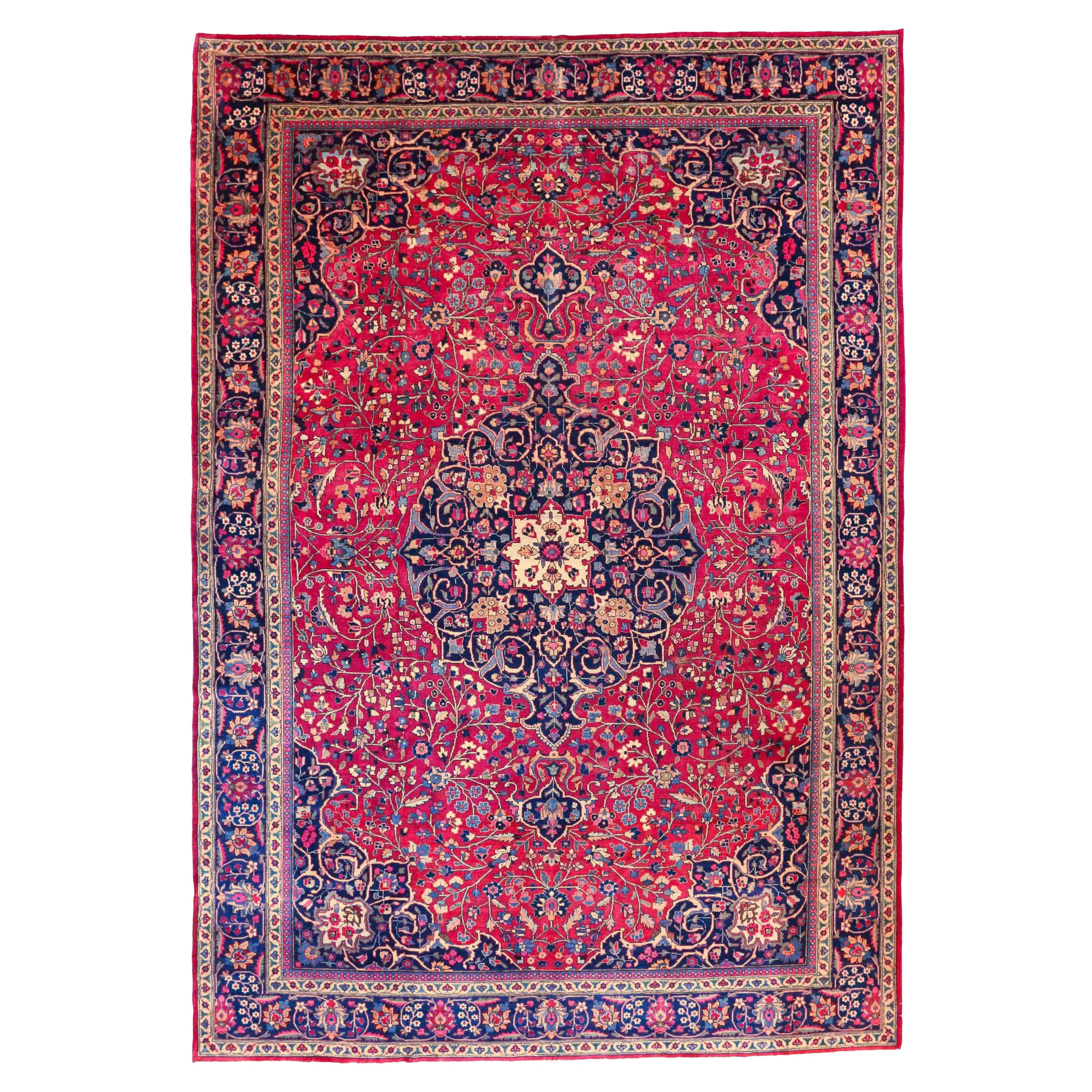 Persian Khoi Over Size Rug Circa 1940 - Wool Blue Ivory Red 70614 For Sale
