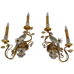 Magnificent Maison Baguès Style French Gilt Iron and Glass Parrot Sconces