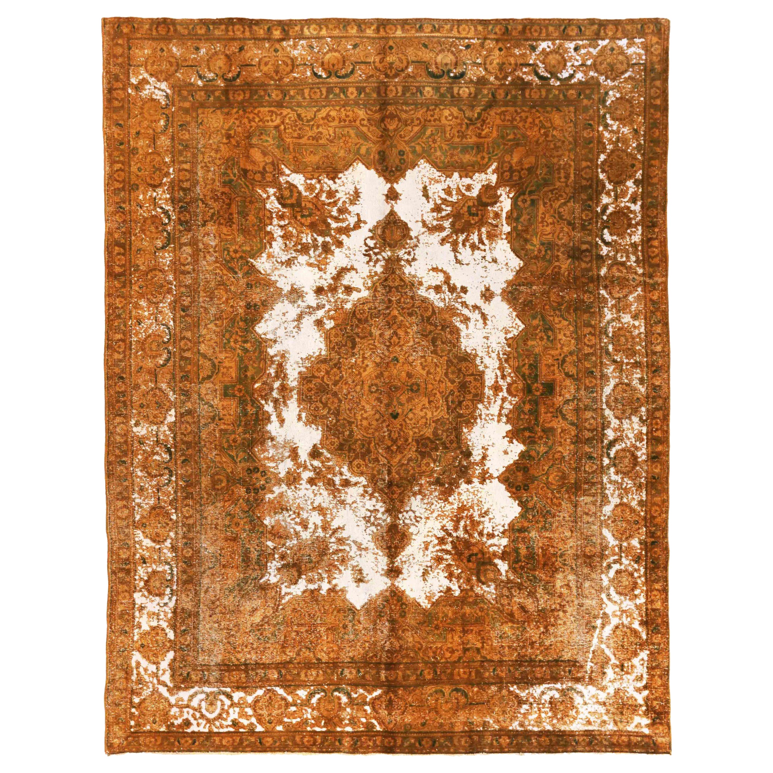Tapis persan Overdye Circa 1910 - Laine Ivoire Orange Jaune 70678