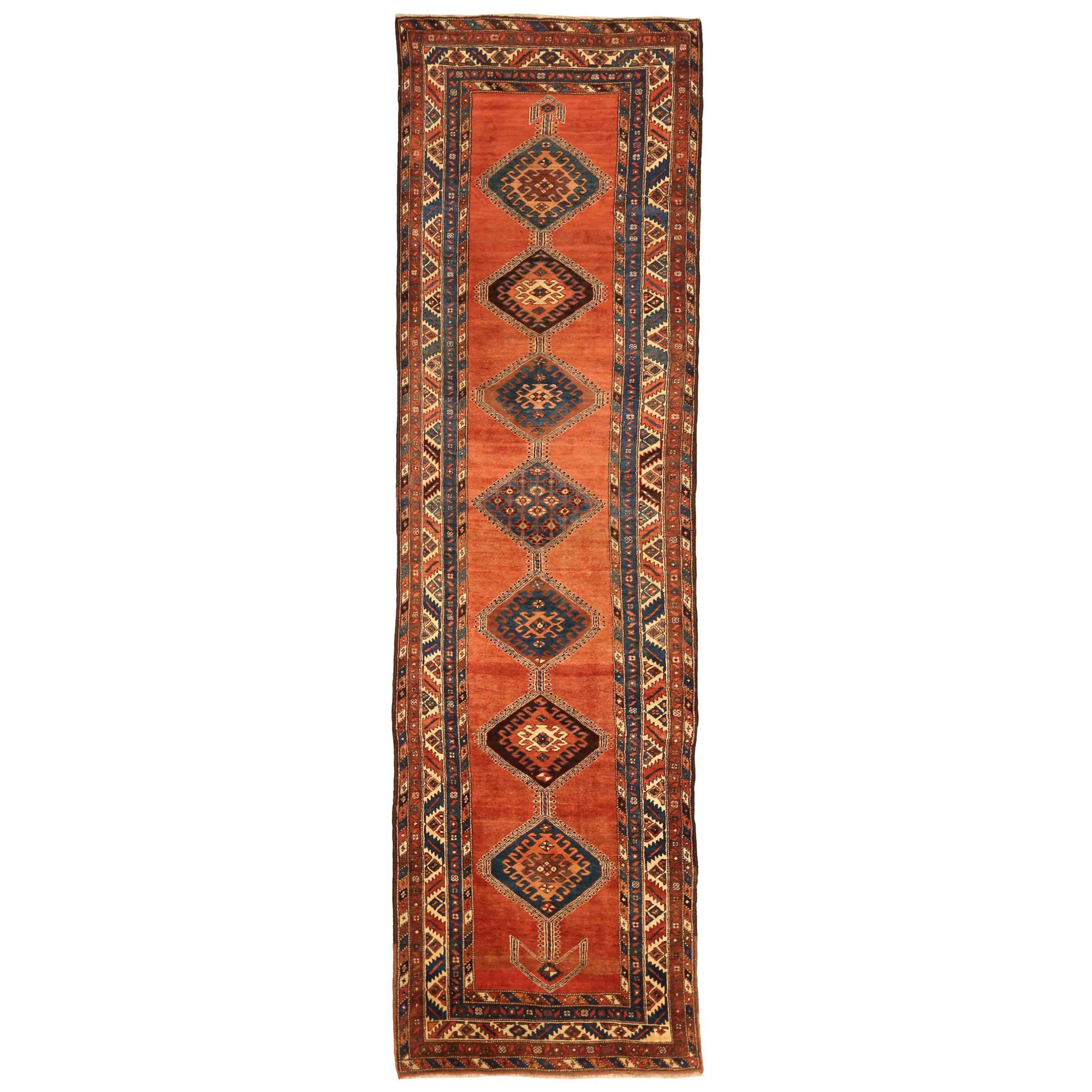 Persian Heriz Runner Rug - Wool Ivory Navy Blue Red 71131 For Sale