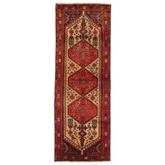 Tapis de course persan Zanjan Circa 1910 - Laine Ivoire Bleu marine Rouge 71255