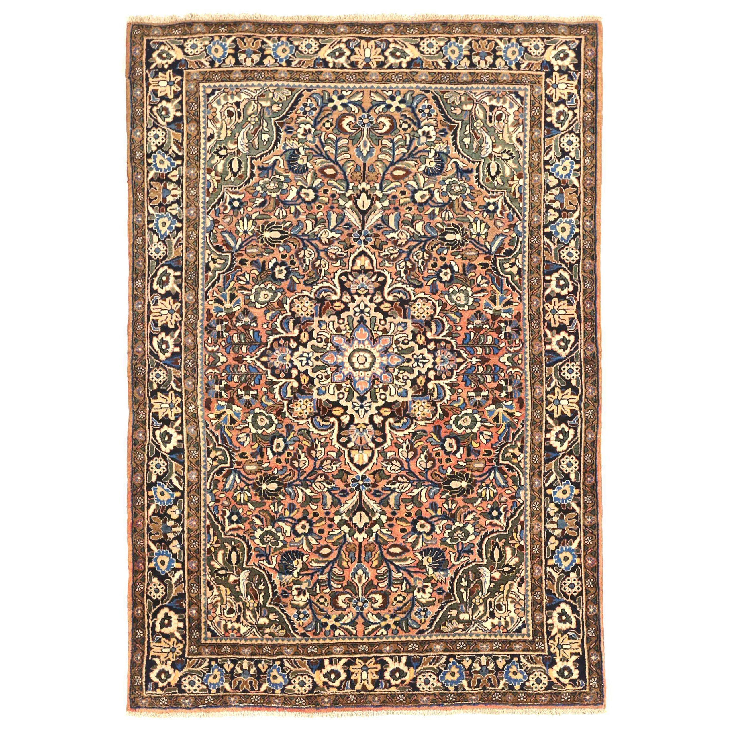 Petit tapis persan Hamadan vers 1940 - Laine bleu ivoire rose 71211