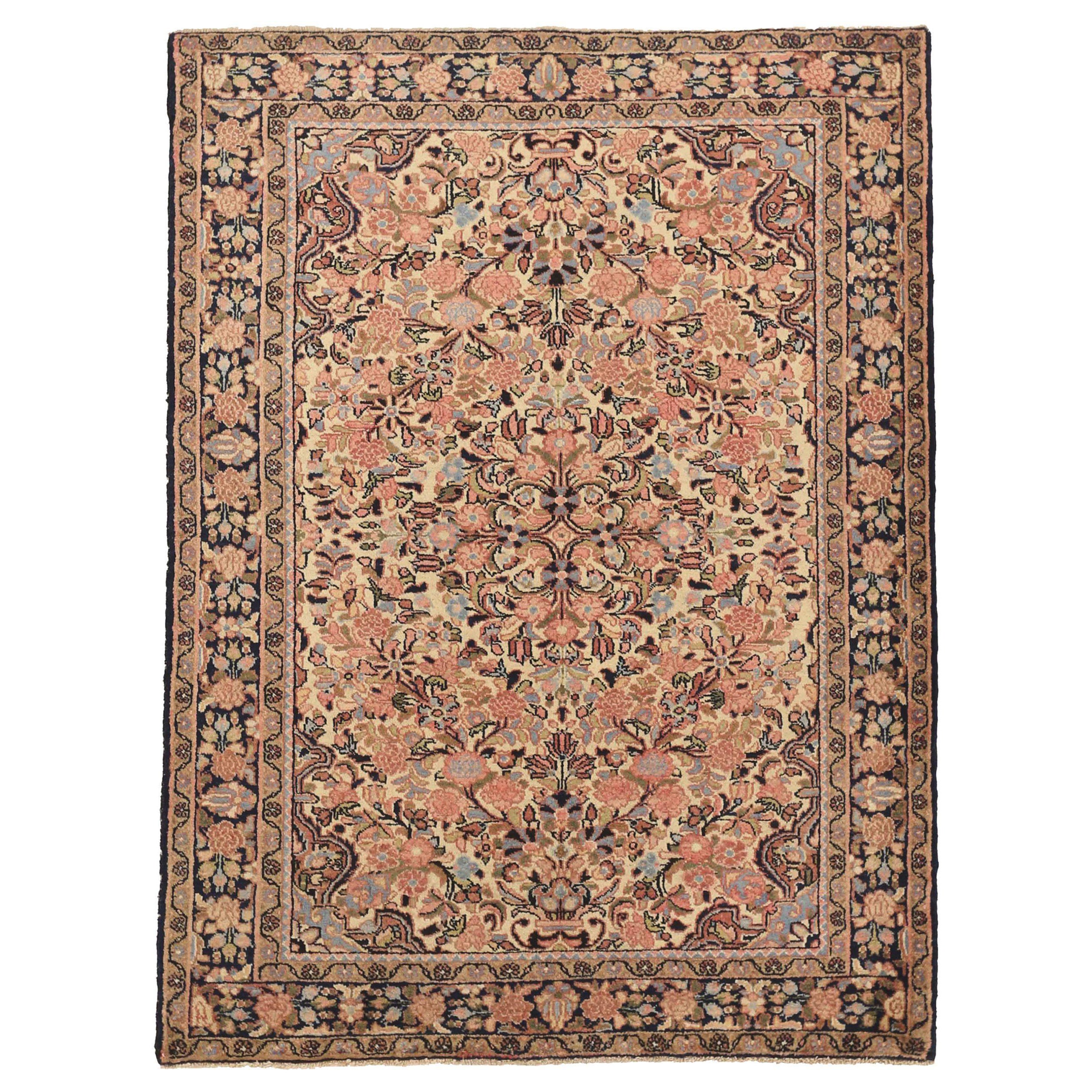 Petit tapis persan Hamadan vers 1940 - Laine bleu ivoire rose 71264