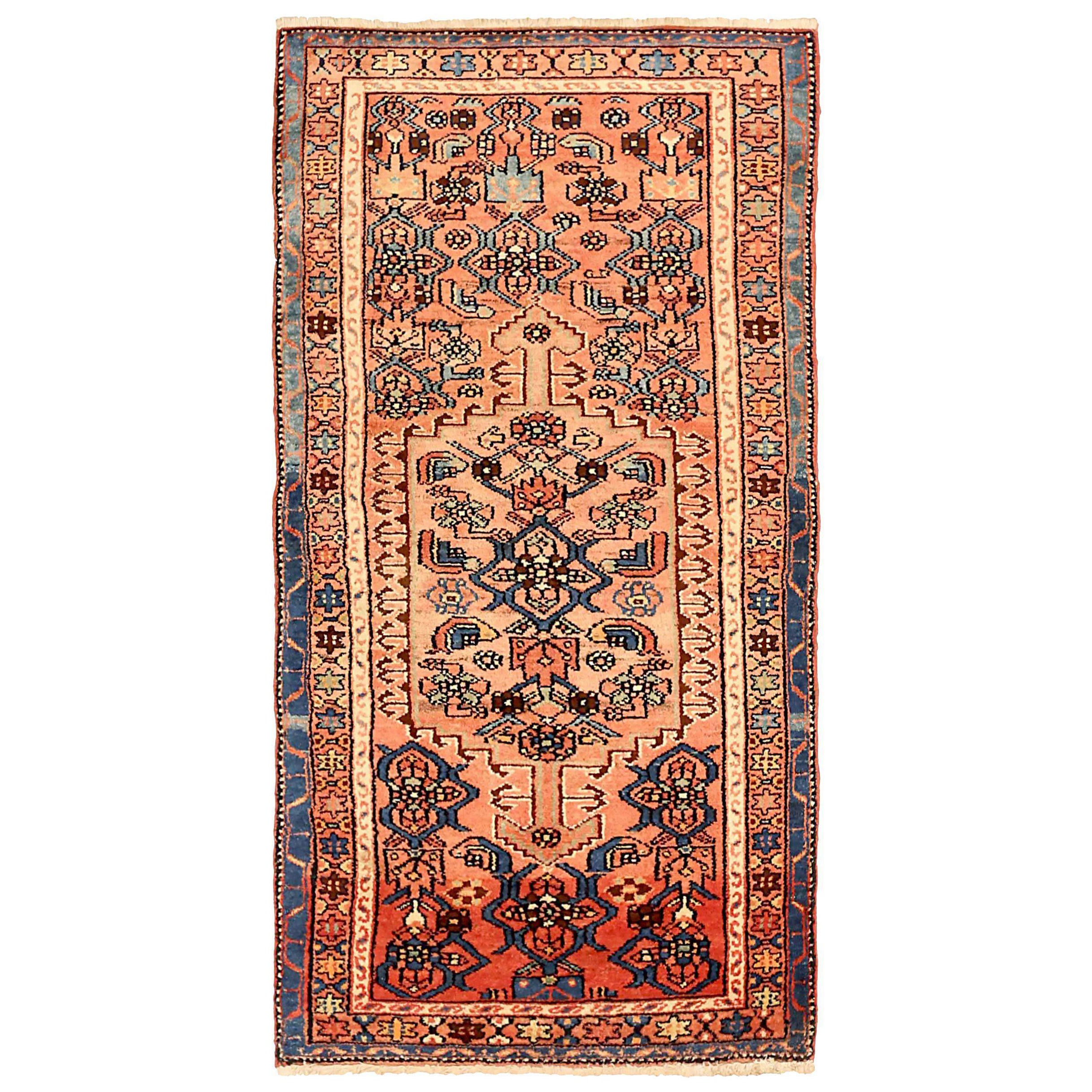 Alfombra Persa Zanjan Pequeña Circa 1910 - Lana Azul Marfil Rosa 71273 en venta