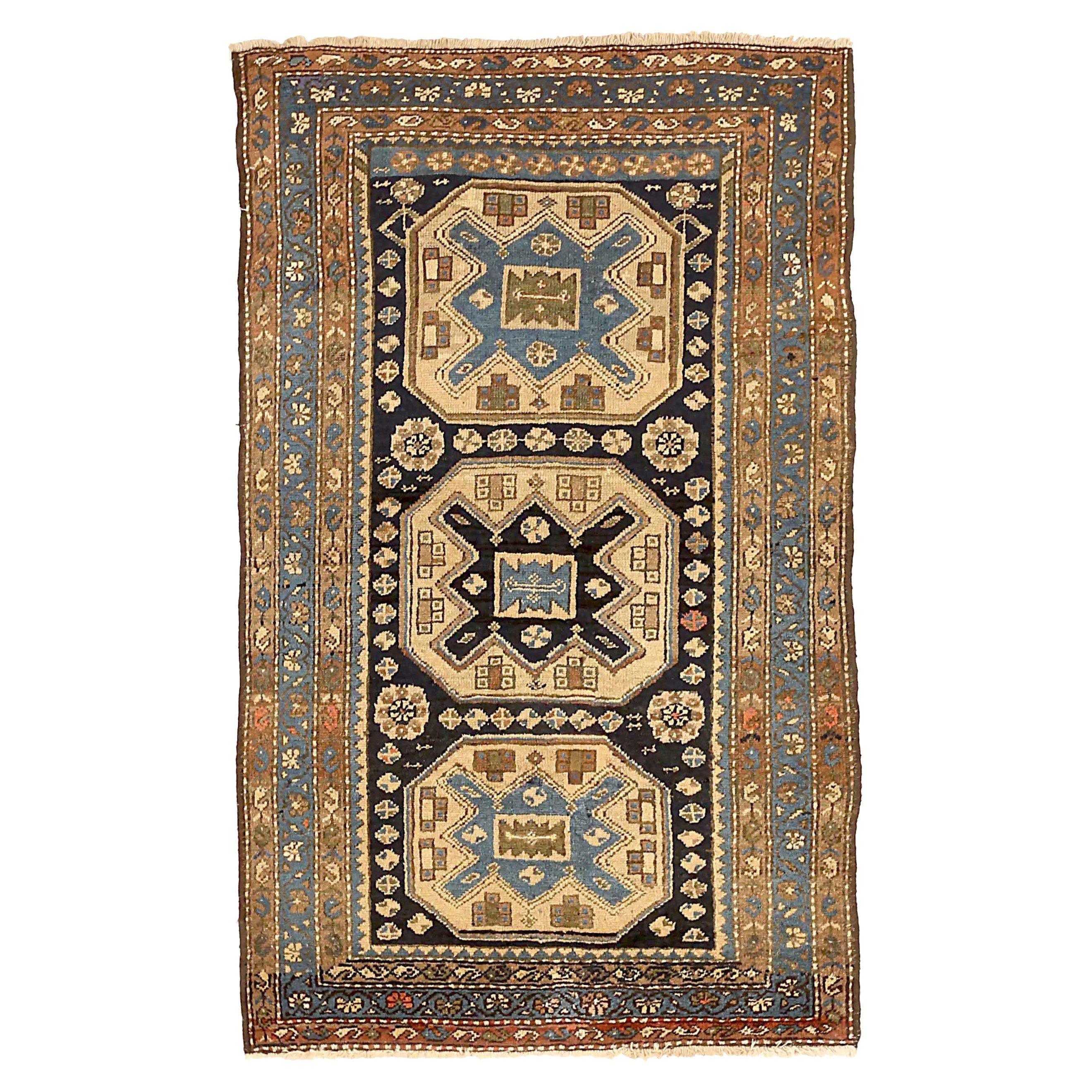 Persischer Zanjan Kleiner Teppich aus Wolle in Schwarz, Blau und Elfenbein 71292 im Angebot