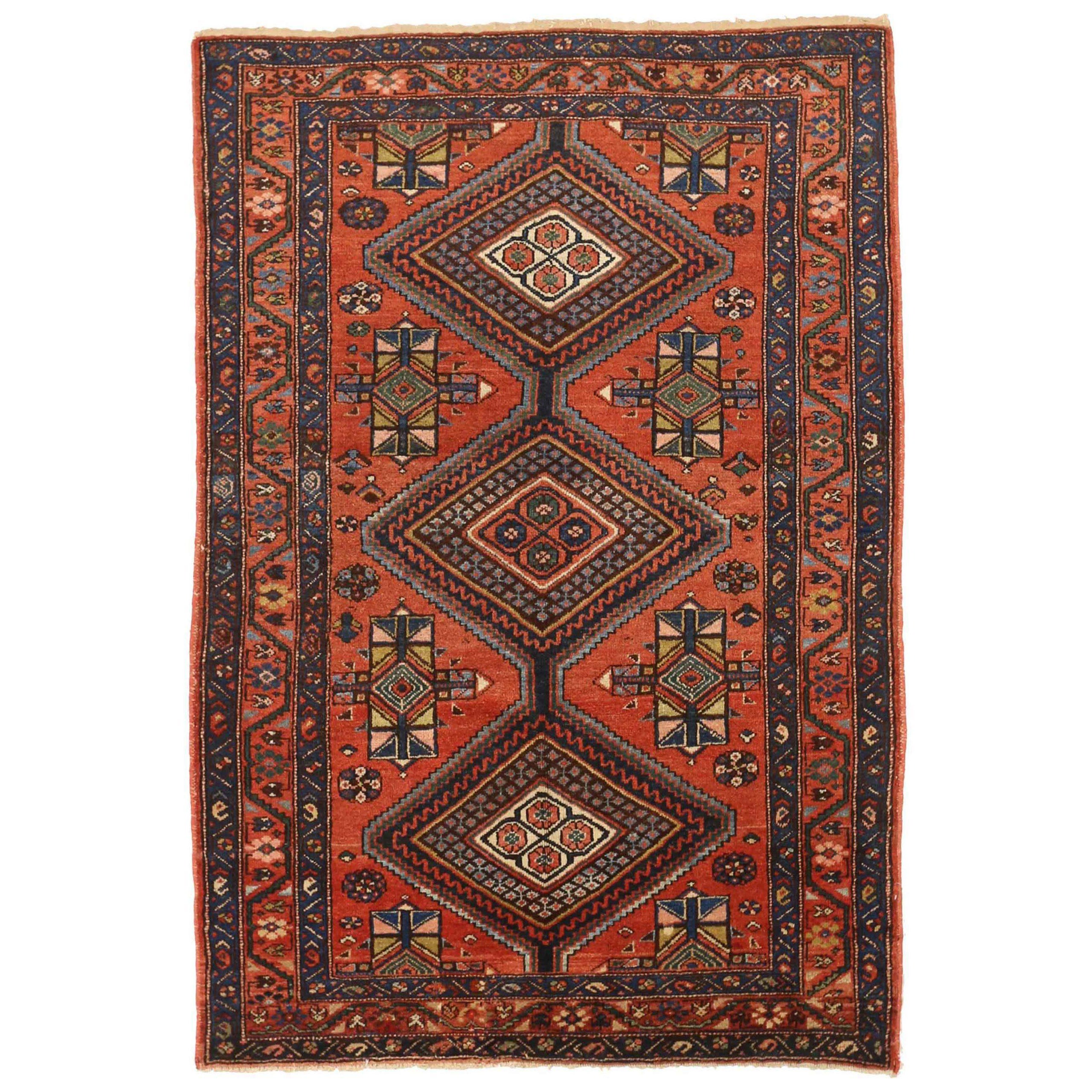 Petit tapis persan Zanjan vers 1910 - Laine bleu marine revers jaune 71242