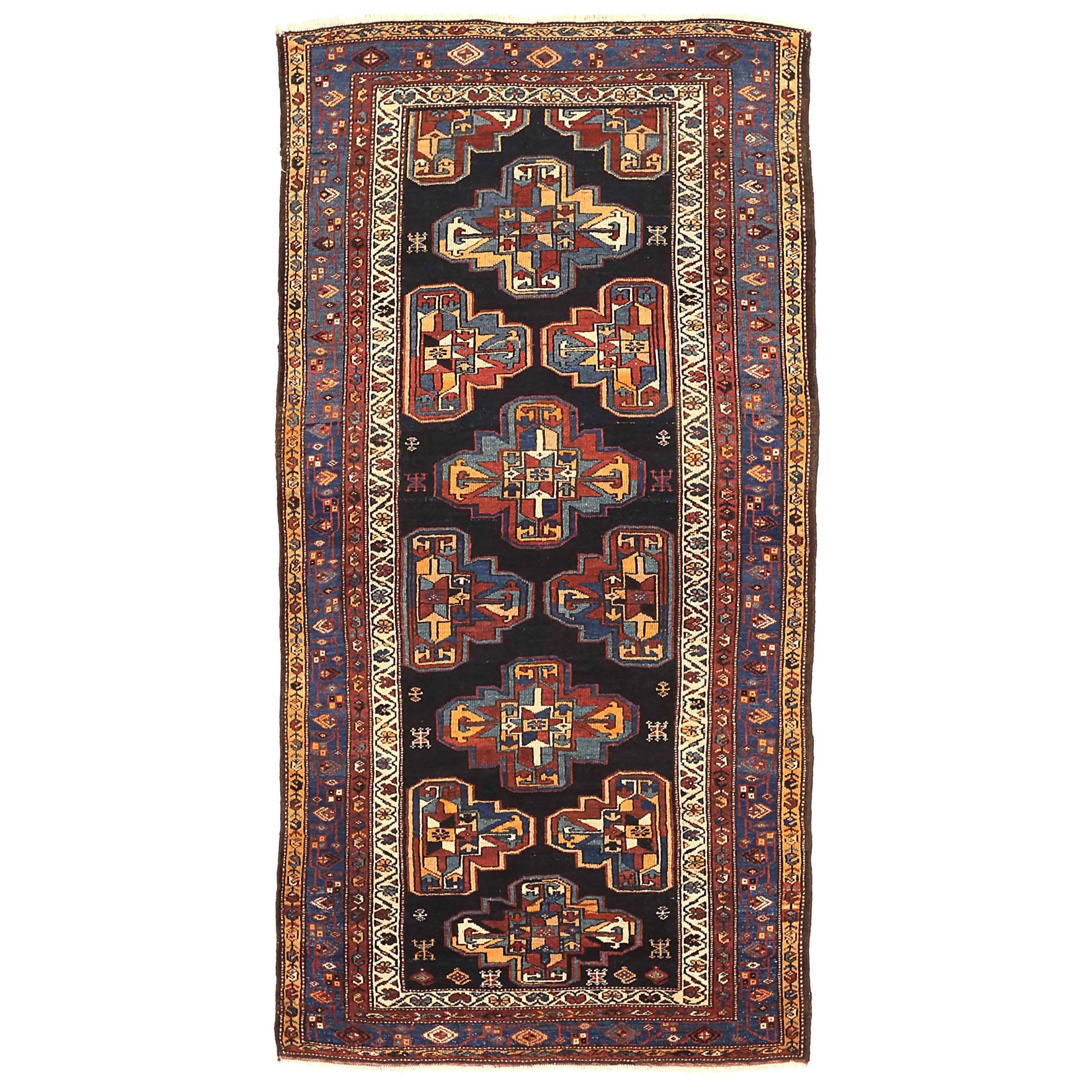 Tappeto persiano Hamadan di piccole dimensioni, circa 1910 - Lana blu blu navy rosso giallo 71248