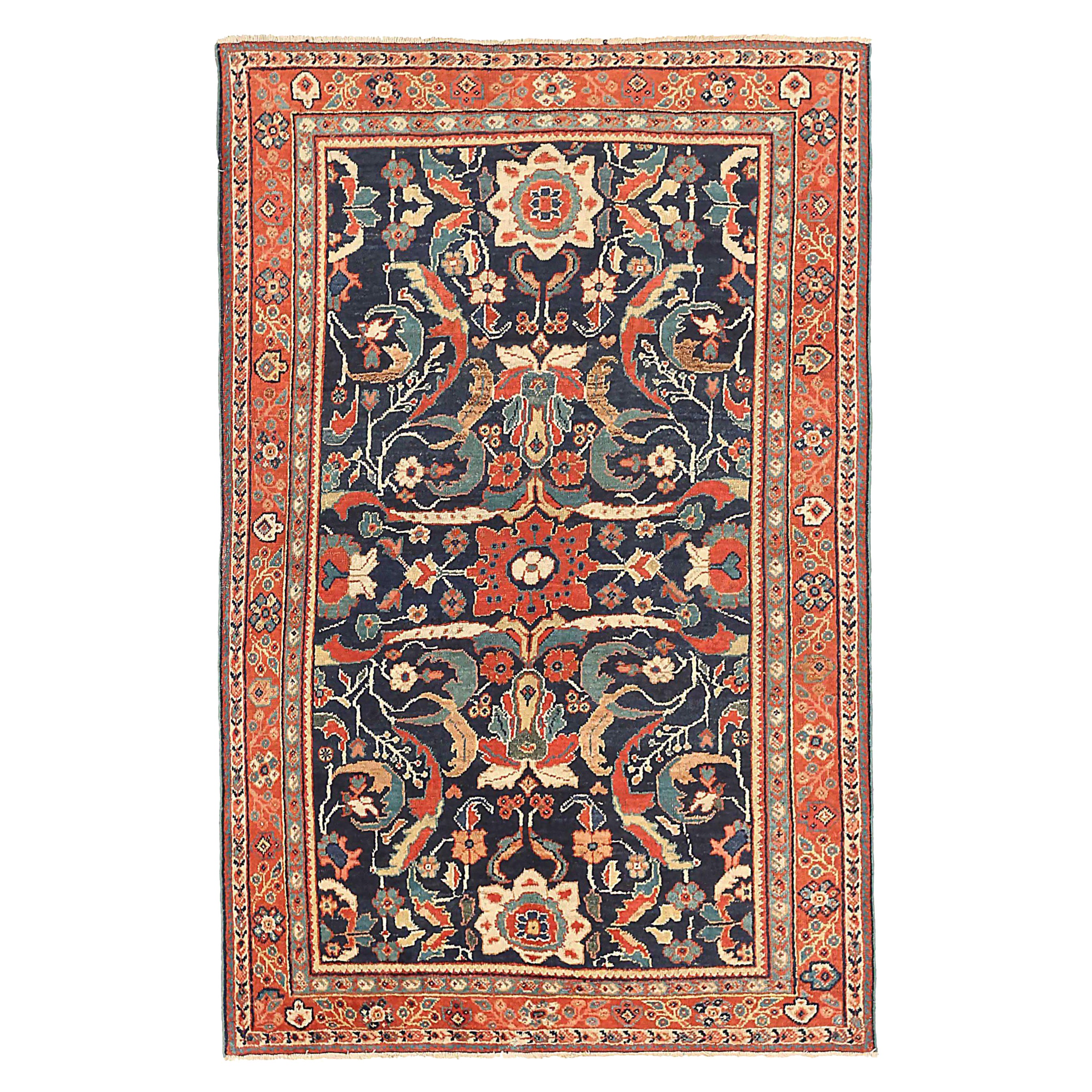 Alfombra Persa Mahal Pequeña - Lana Marfil Azul Marino Rojo 71414