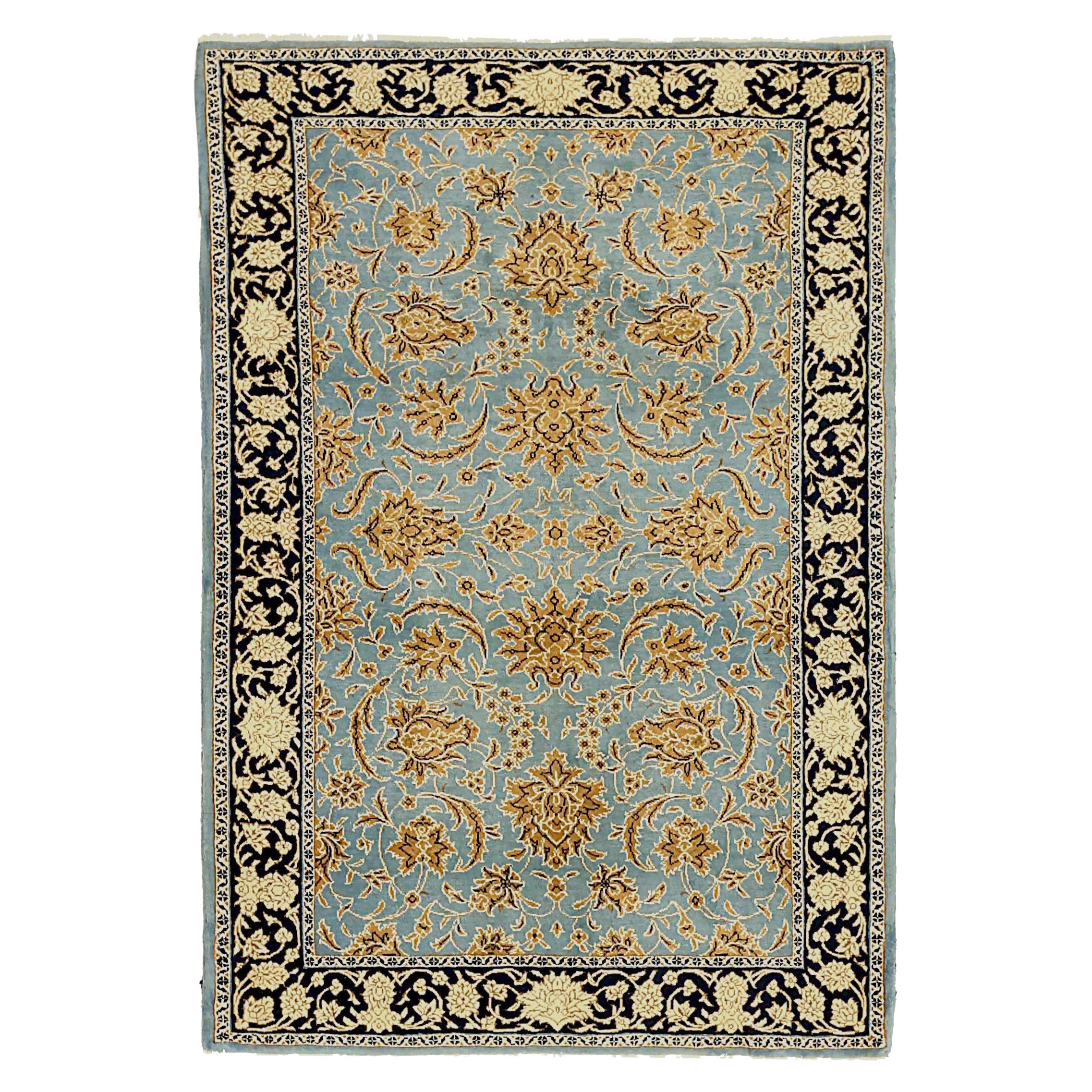 Persian Sarouk Small Rug Circa 1940 - Wool Blue Ivory Yellow 71340 For Sale