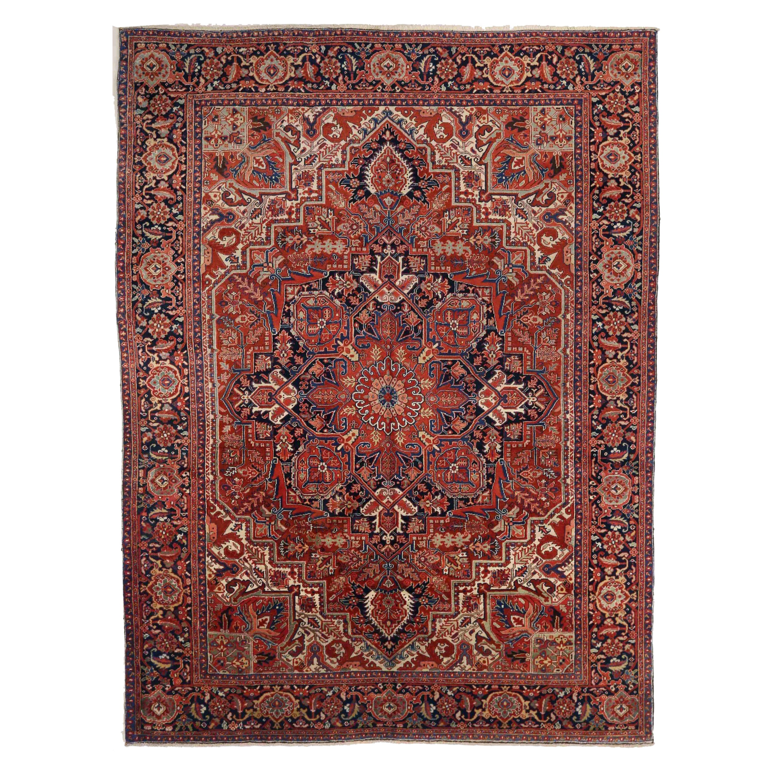 Tapis Persan Heriz Circa 1910 - Laine Ivoire Bleu Marine Rouge 71416