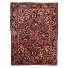 Tapis Persan Heriz Circa 1910 - Laine Ivoire Bleu Marine Rouge 71416