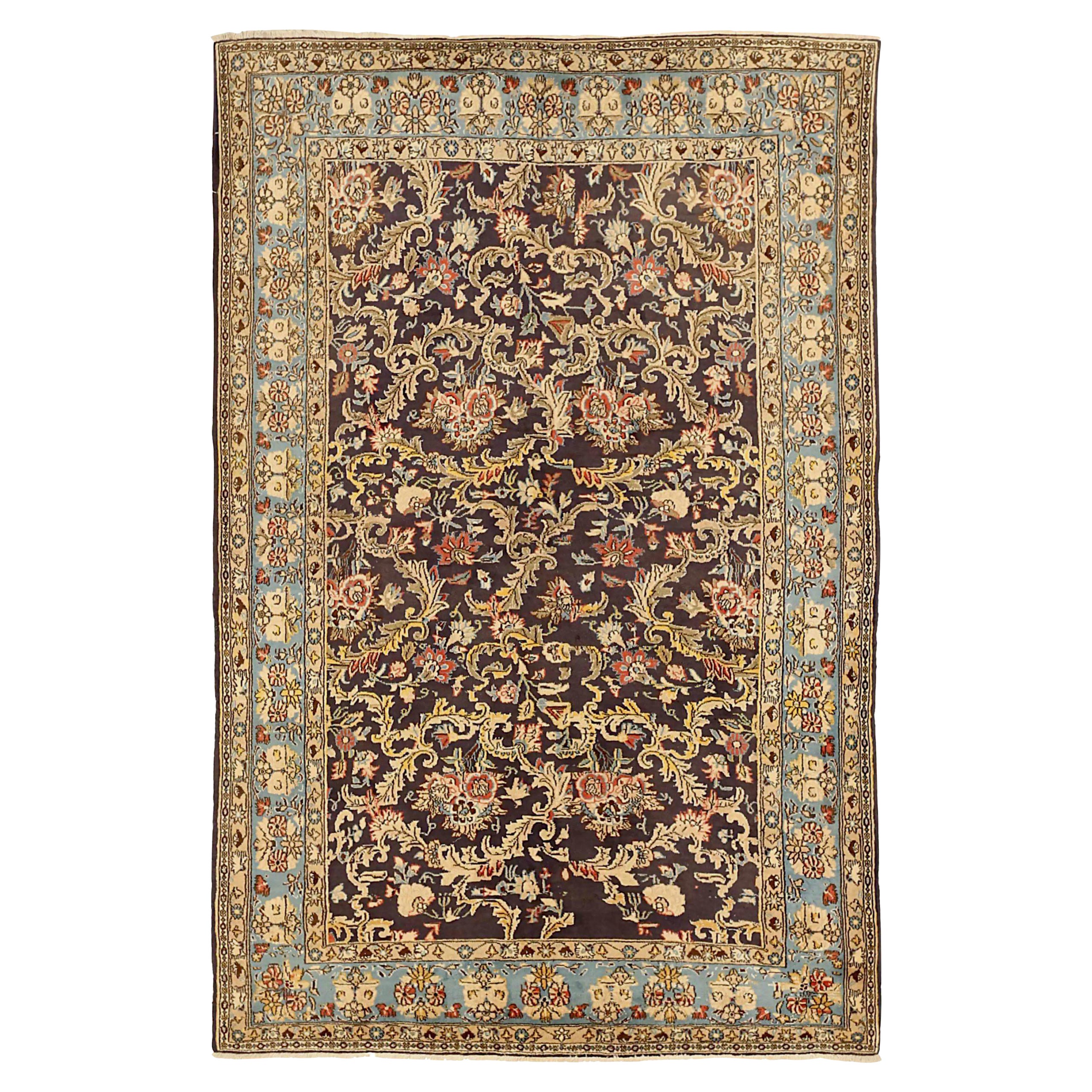 Persian Qom Small Rug Circa 1910 - Wool Blue Brown Yellow 71342 For Sale