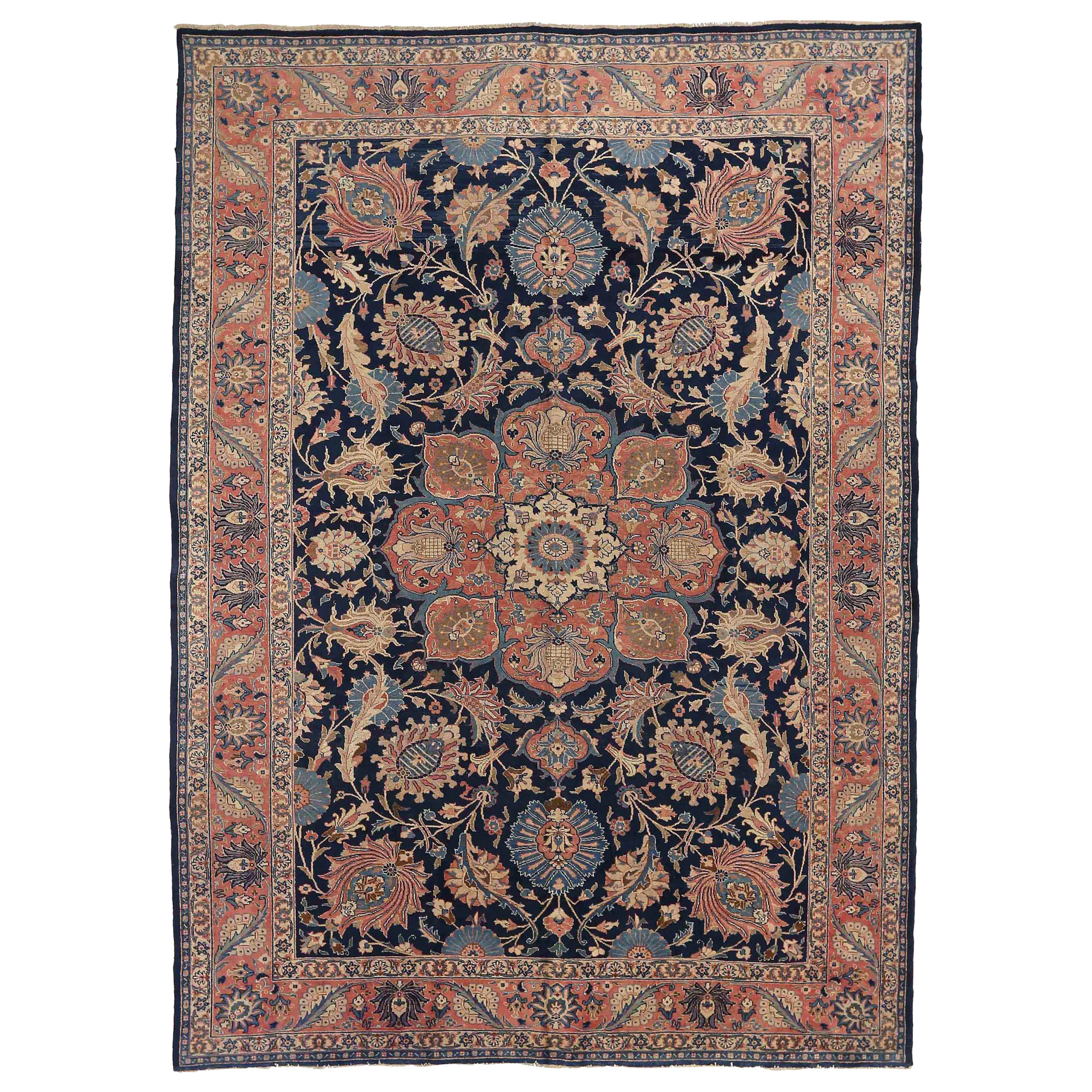Persian Tabriz Area Rugs Circa 1910 - Wool Ivory Navy Blue Red 71433