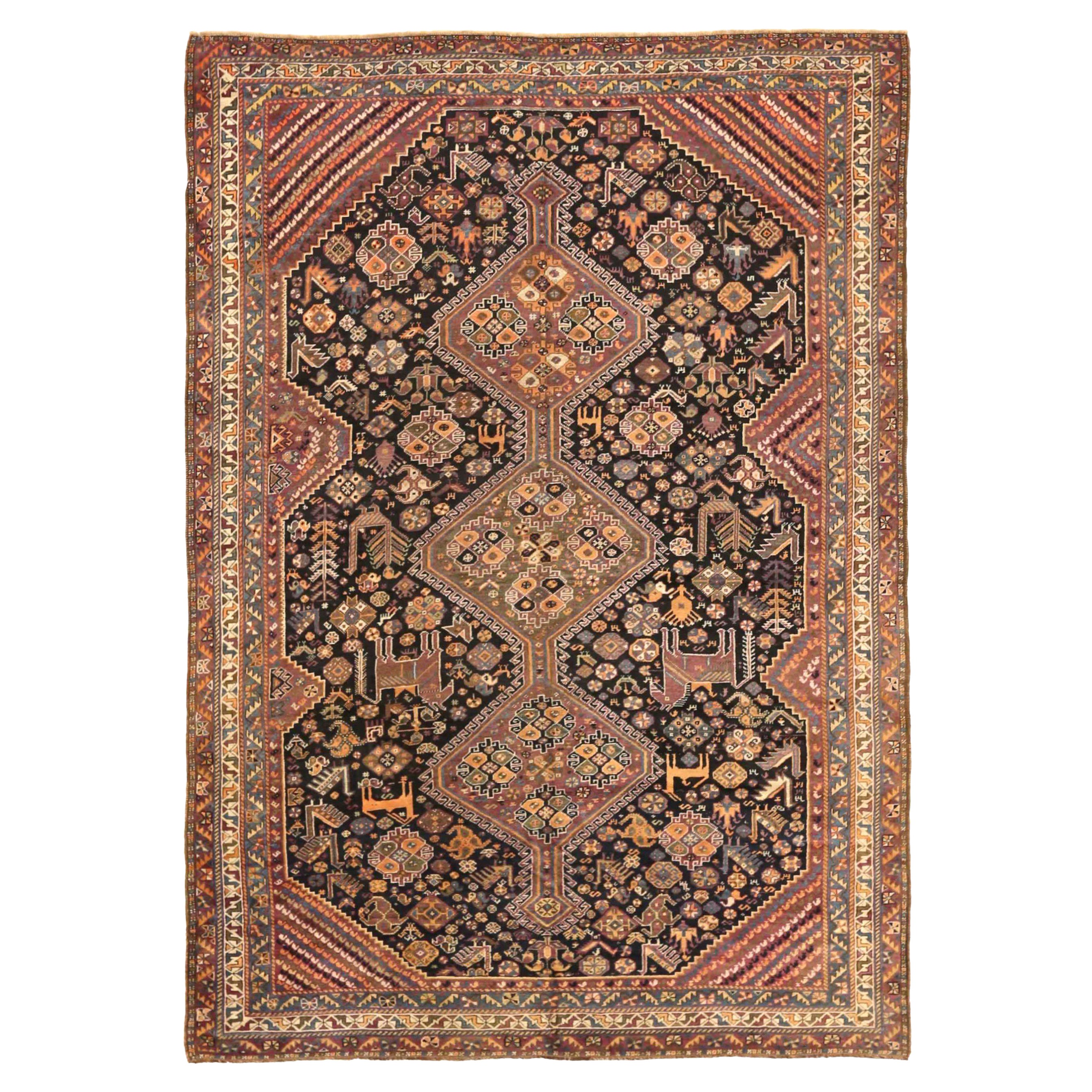 Persian Shiraz Area Rugs Circa 1910 - Wool Ivory Navy Blue Red 71551