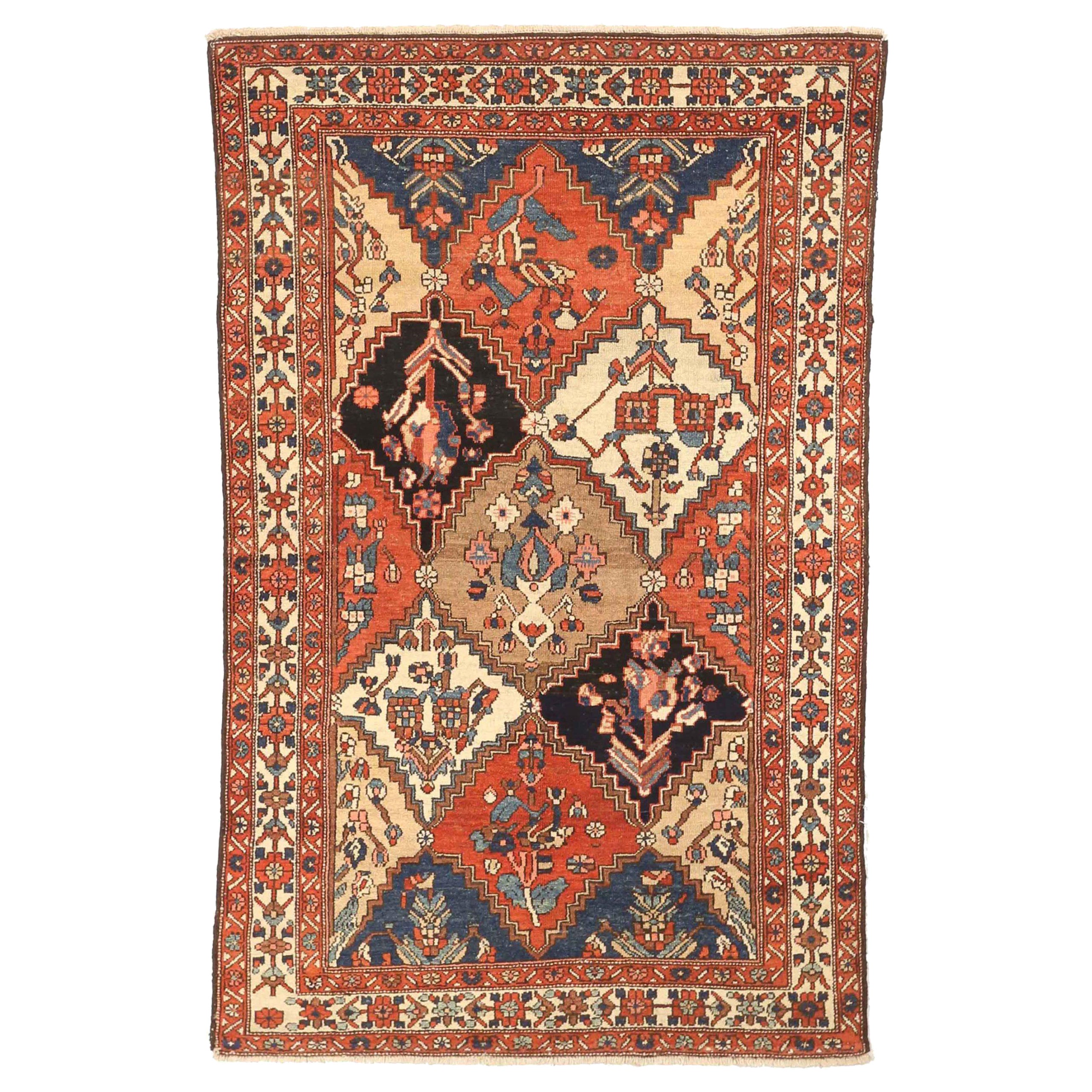 Petit tapis persan Bakhtiari - Laine ivoire bleu marine bleu rouge 71489