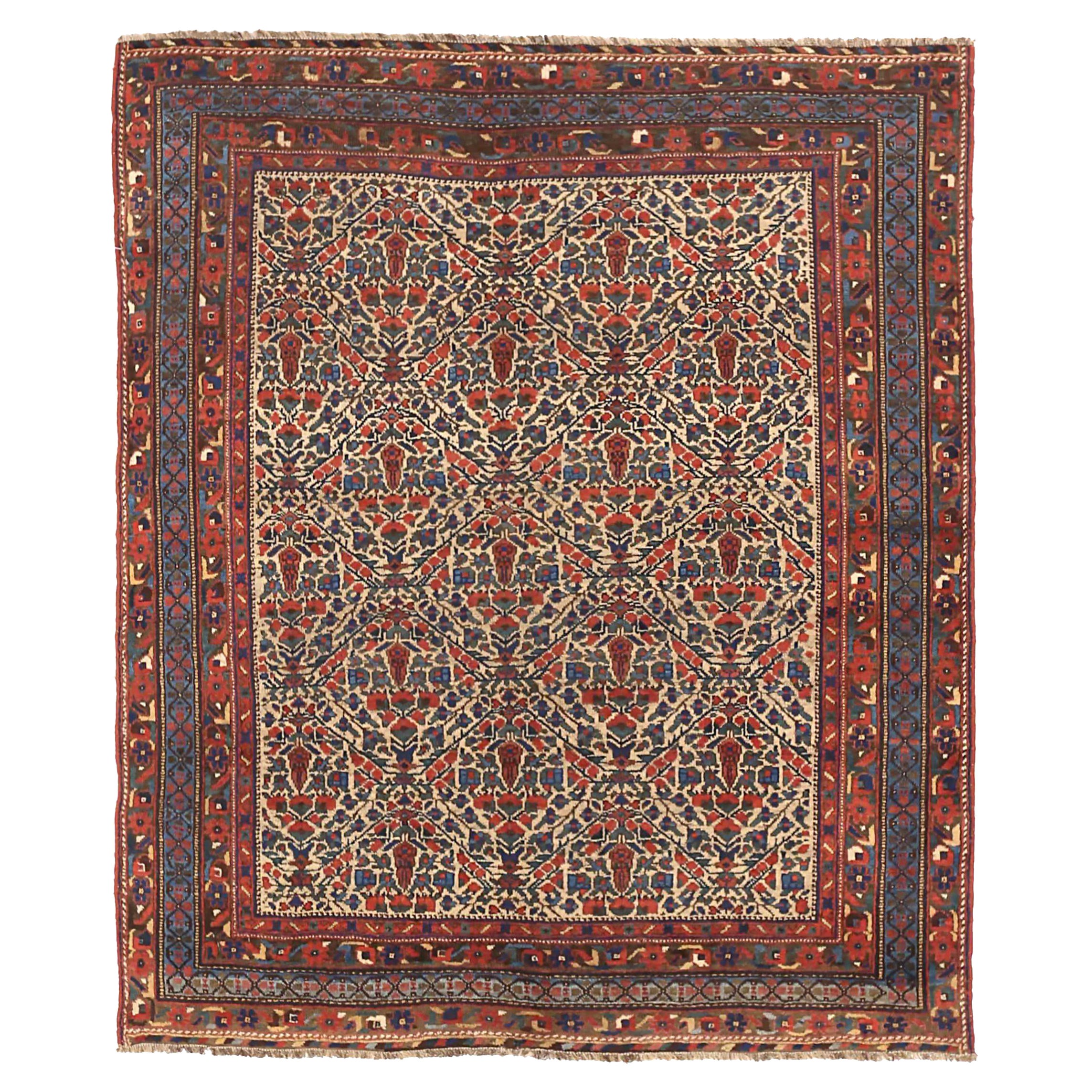 Persischer Sirjan Kleiner Teppich - Wolle Blau Grün Elfenbein Rot 71558