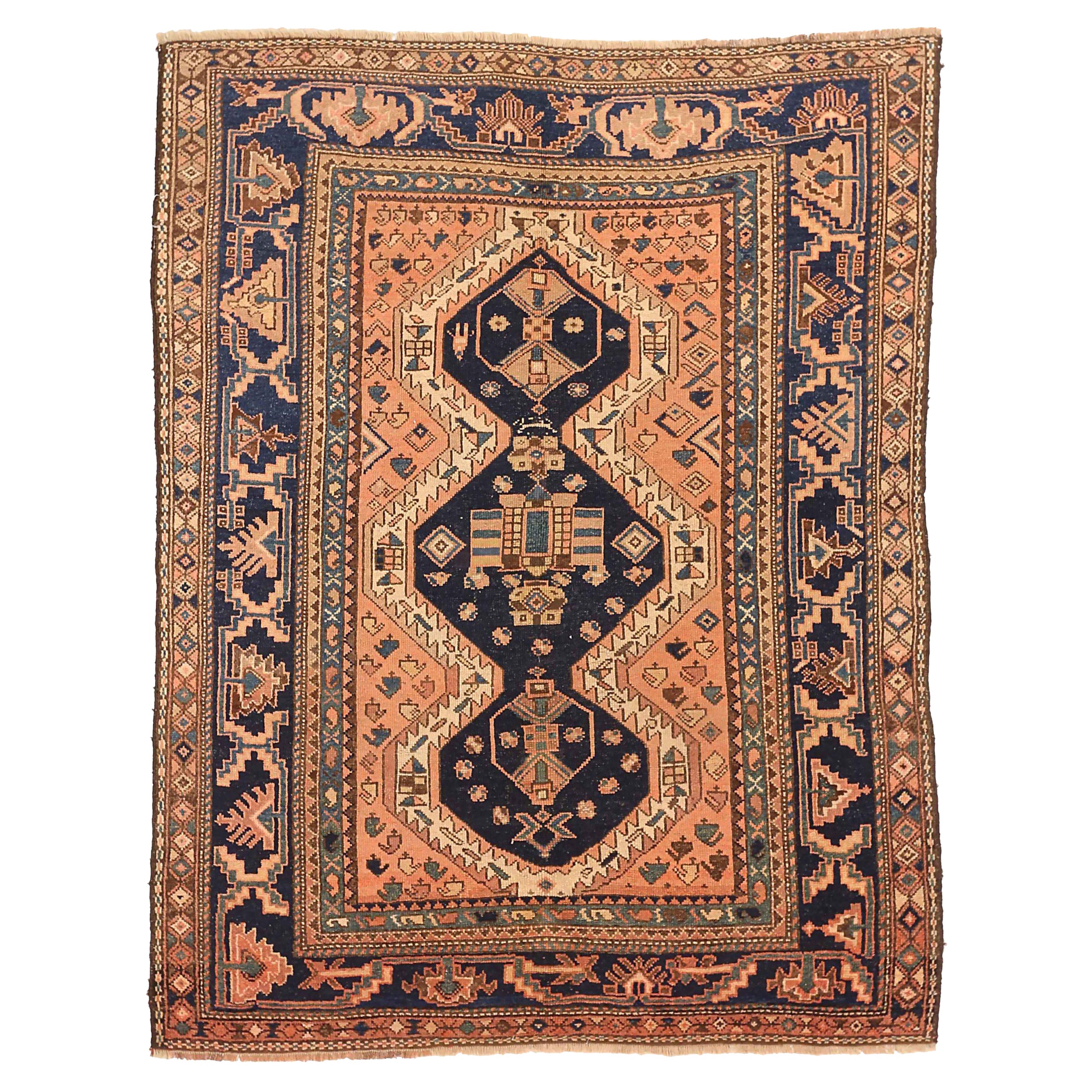 Persian Lori Small Rug - Wool Ivory Navy Blue Pink 71518 For Sale