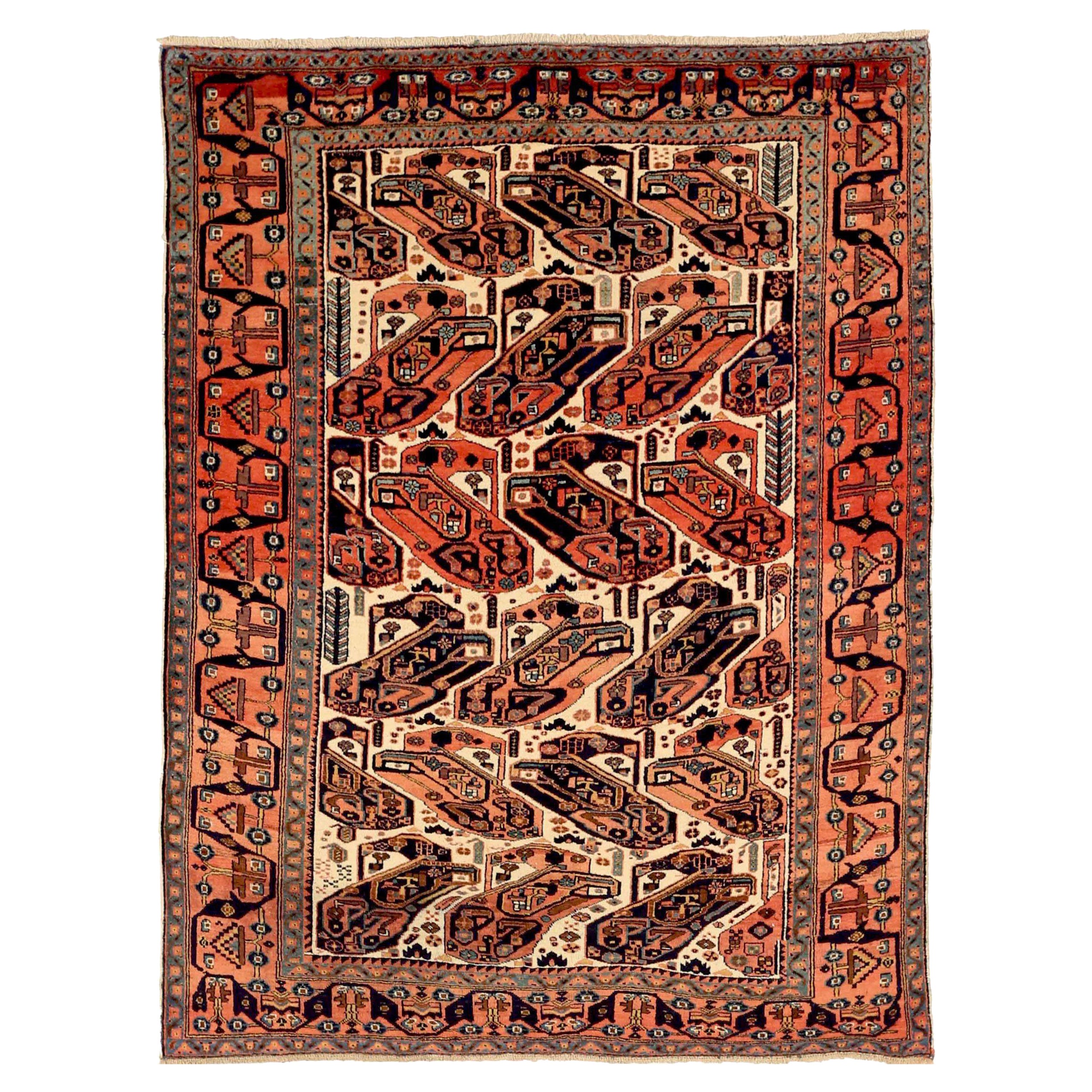 Petit tapis persan Isfahan - Laine Noir Ivoire Rouge 71563 en vente
