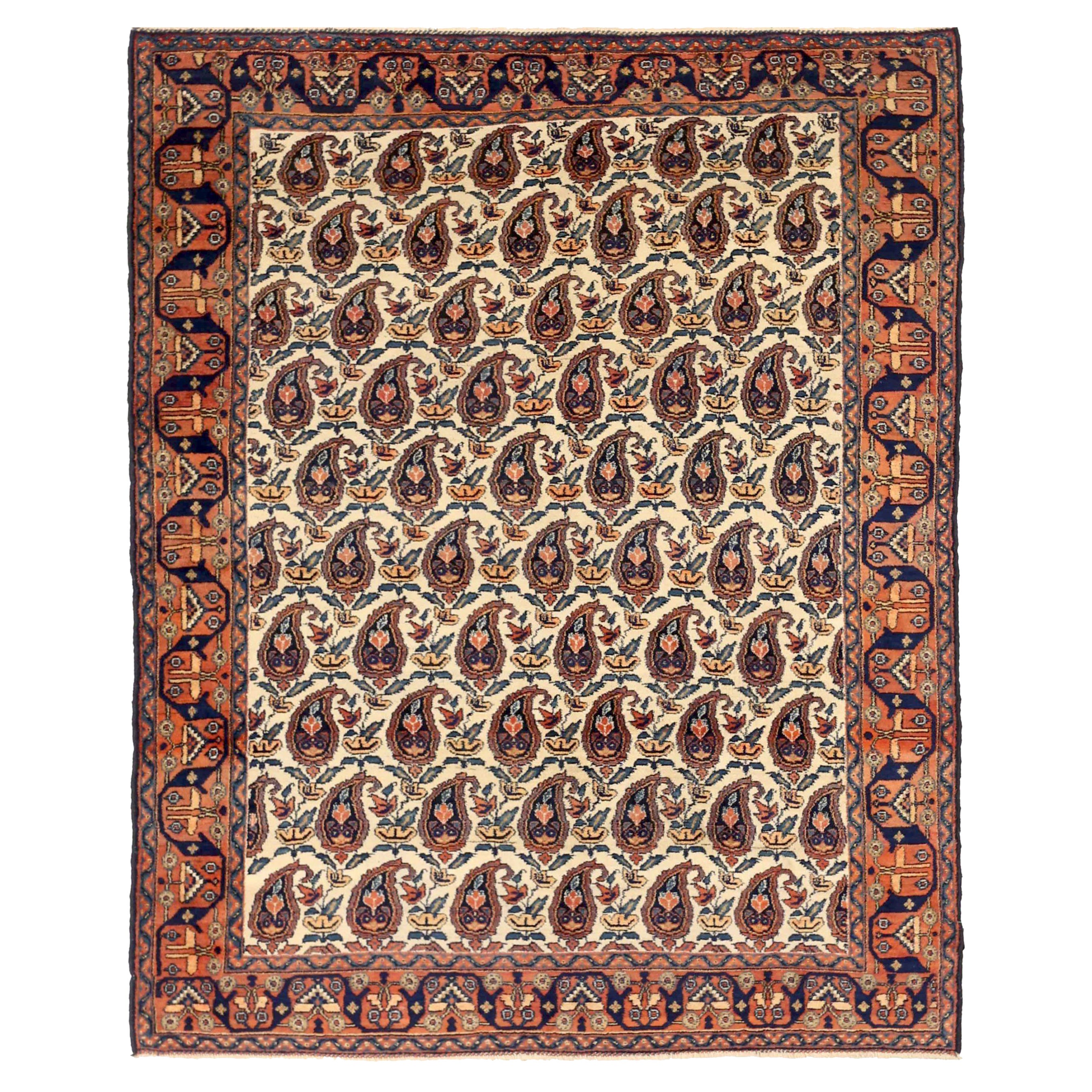 Petit tapis persan Isfahan Circa 1910 - Laine Ivoire Bleu marine Rouge 71564