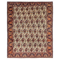 Petit tapis persan Isfahan Circa 1910 - Laine Ivoire Bleu marine Rouge 71564