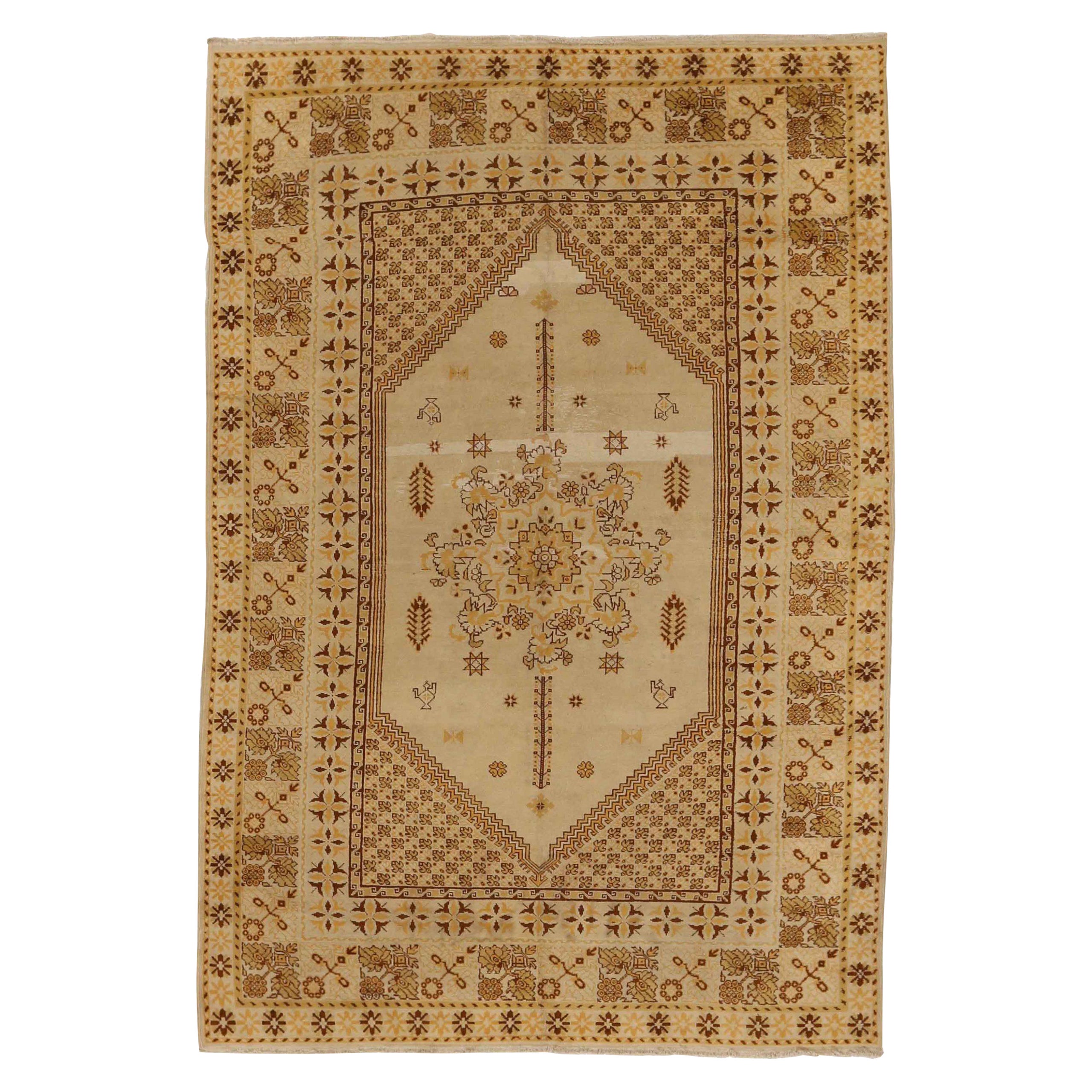 Russian Samarghand Area Rugs Circa 1910 - Wool Brown Ivory Yellow 71606 For Sale