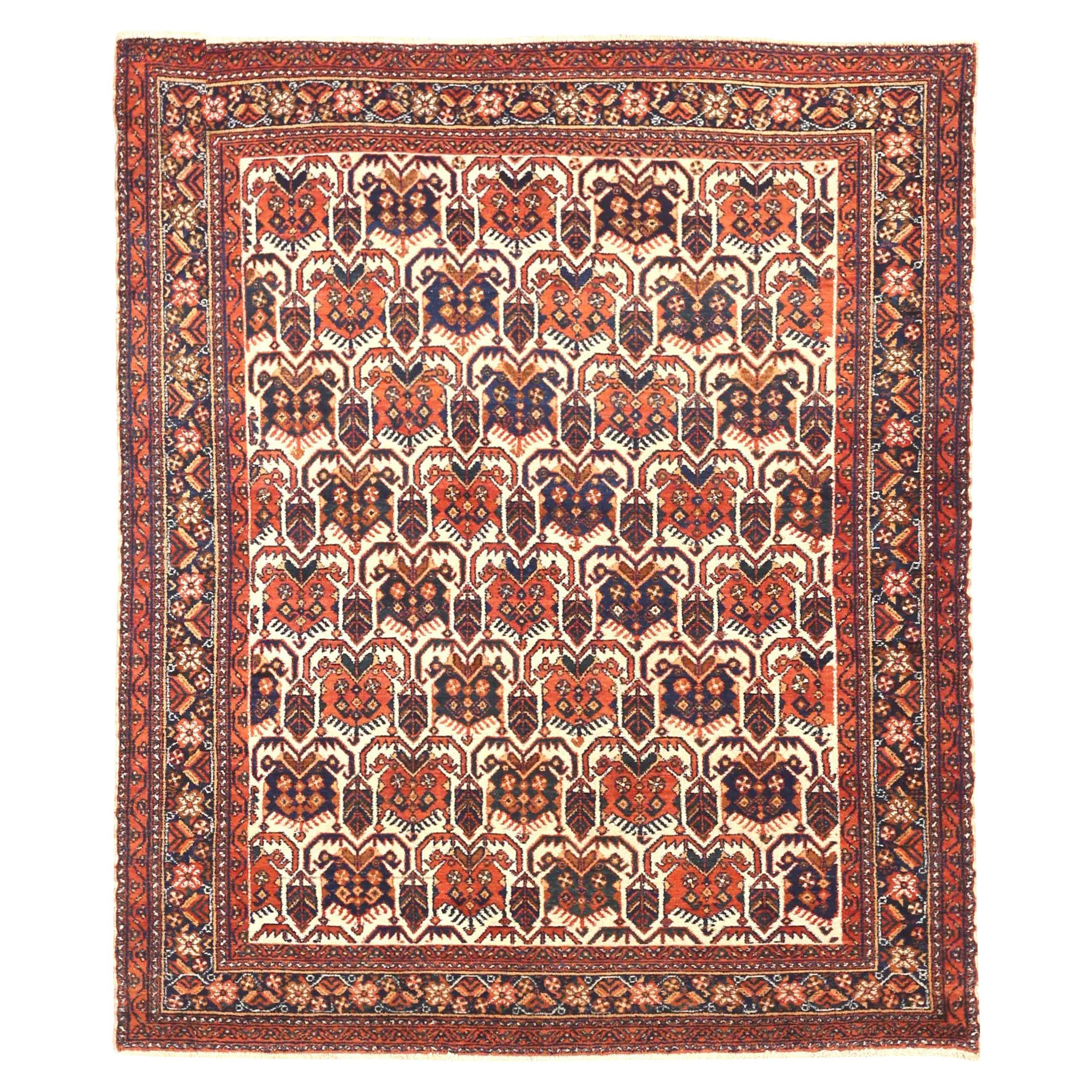 Petit tapis persan Isfahan Circa 1910 - Laine Ivoire Bleu marine Rouge 71565