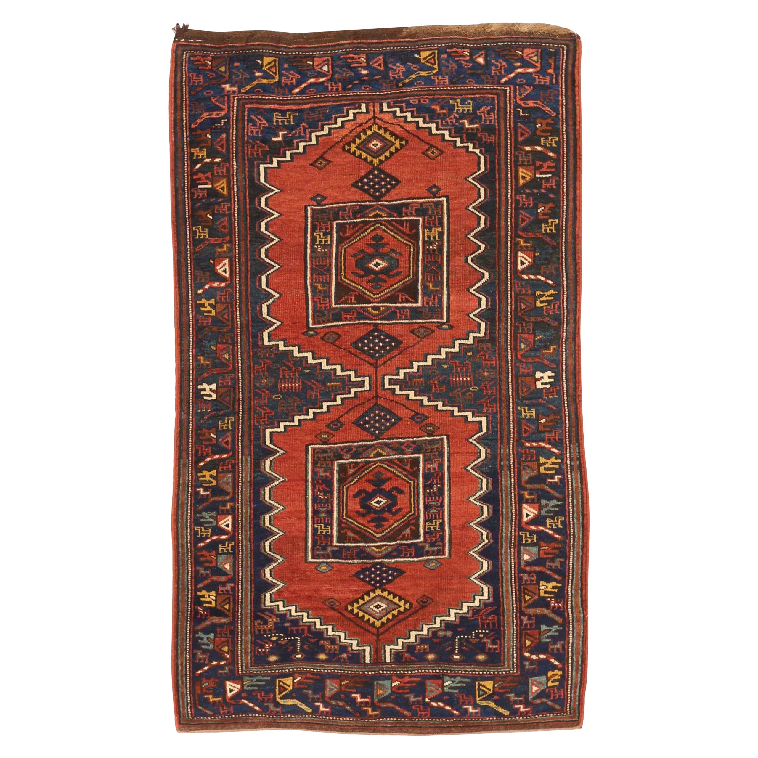 Petit tapis persan Kelardasht vers 1910 - Laine ivoire bleu marine bleu rouge 71574