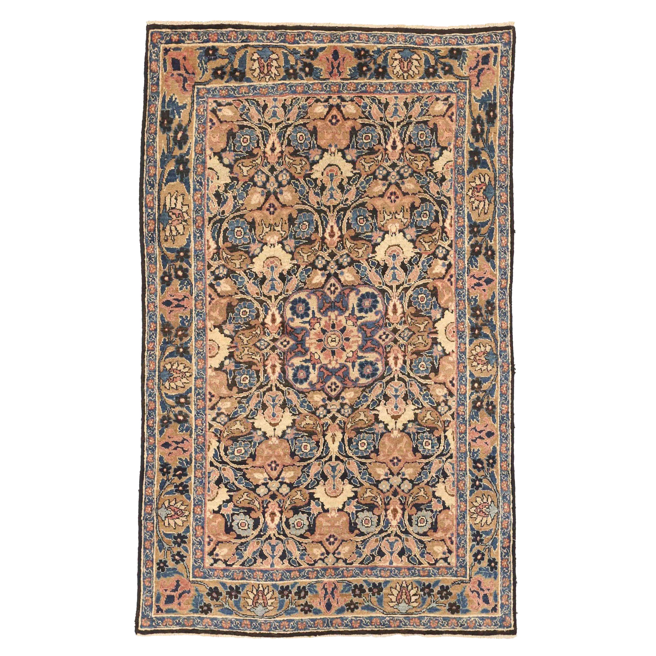 Tappeto persiano Semnan Piccolo Circa 1910 - Lana Blu Marrone Rosa 71601 in vendita