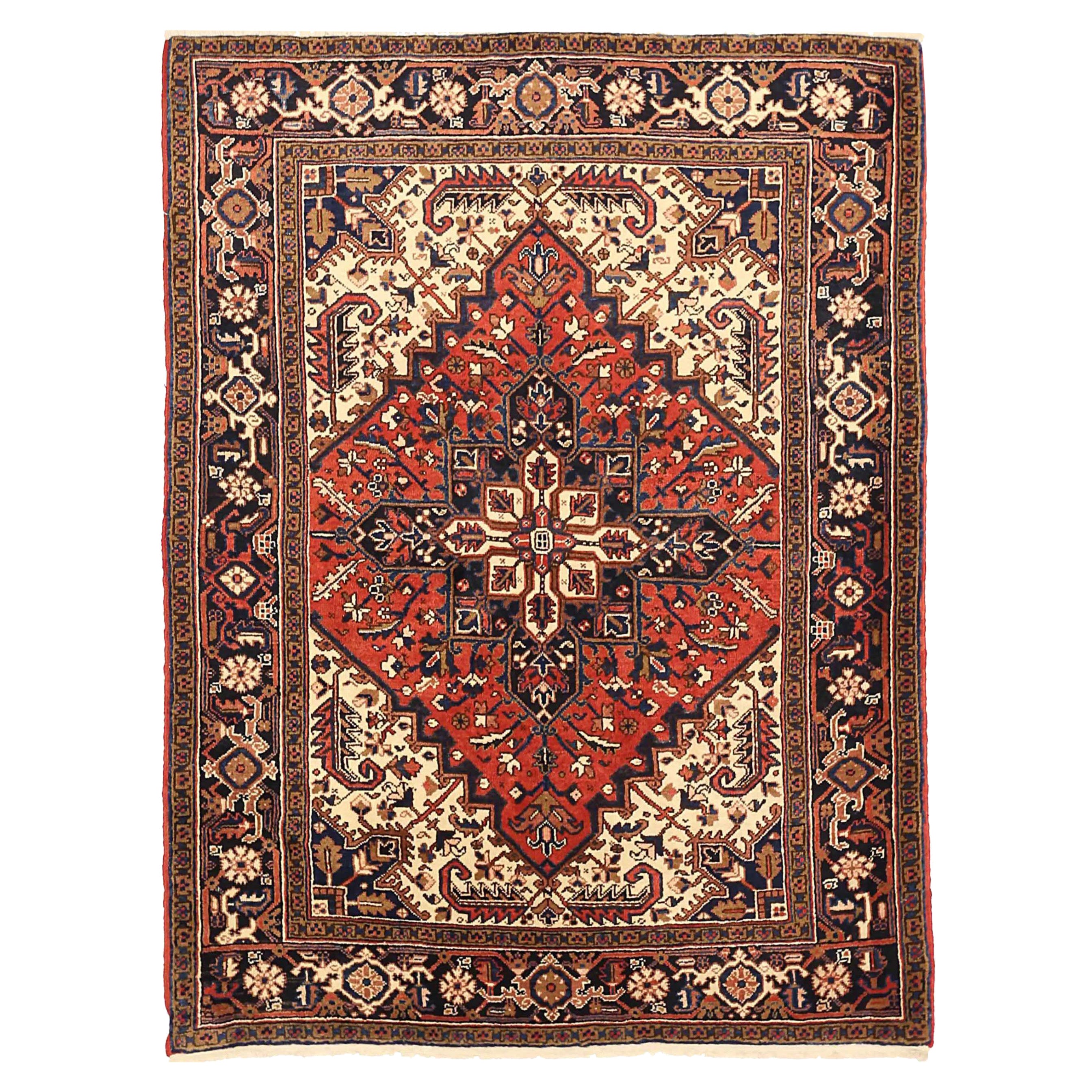 Alfombra Persa Heriz Pequeña Circa 1940 - Lana Negro Marfil Rojo 71917