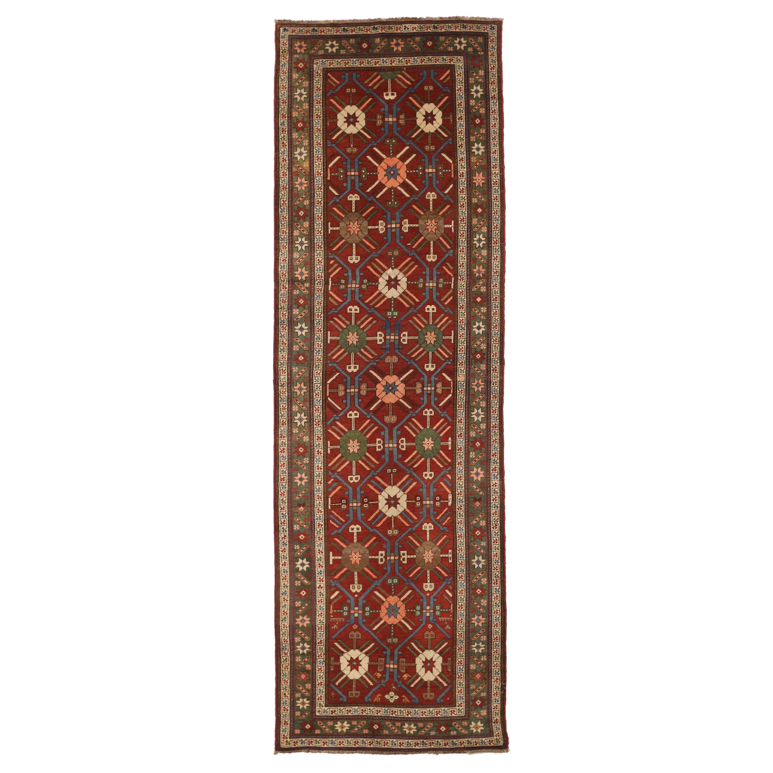 Russian Gharebagh Runner Rug Circa 1910 - Wool Blue Green Ivory Red 71864