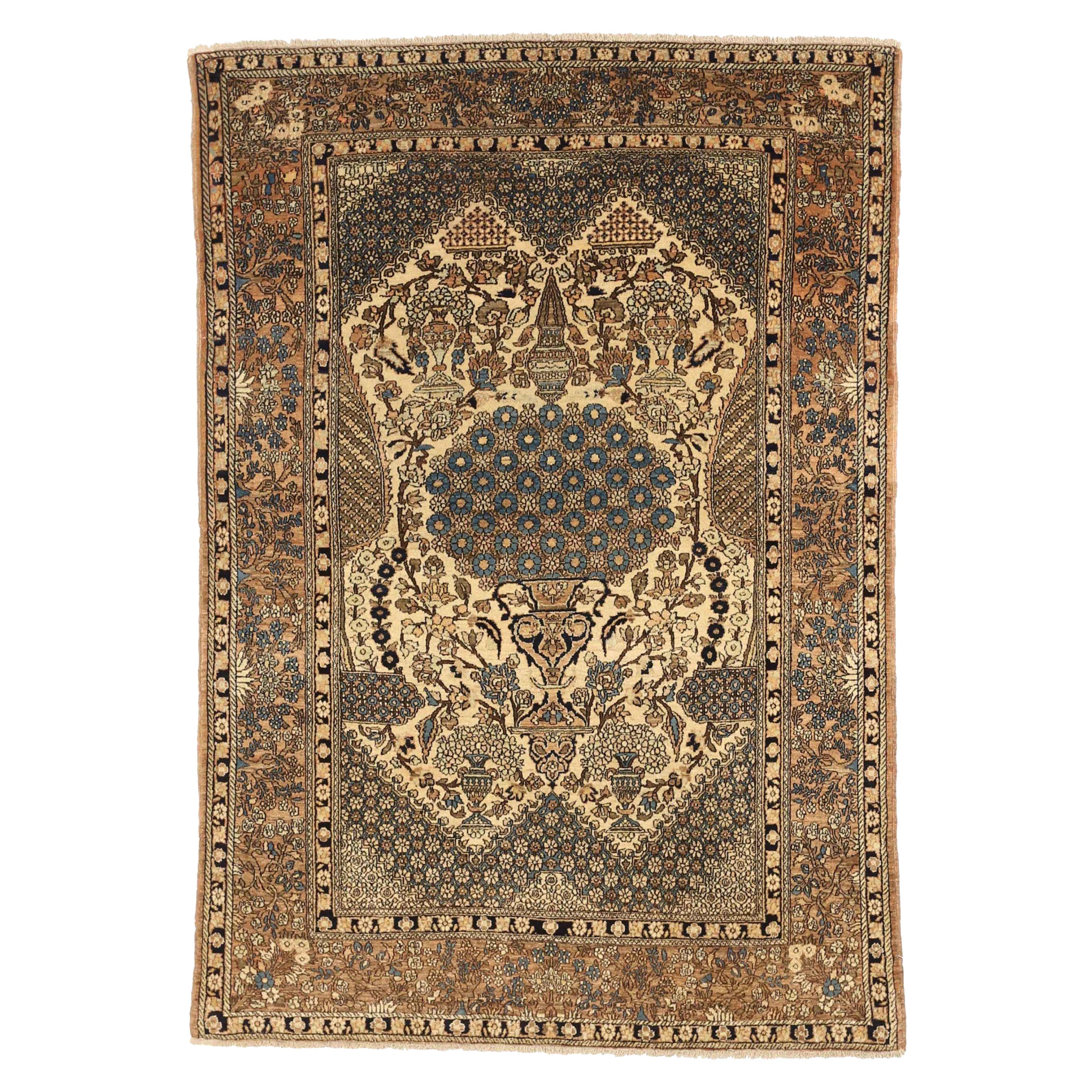 Petit tapis persan Isfahan - Laine bleu ivoire orange 71923