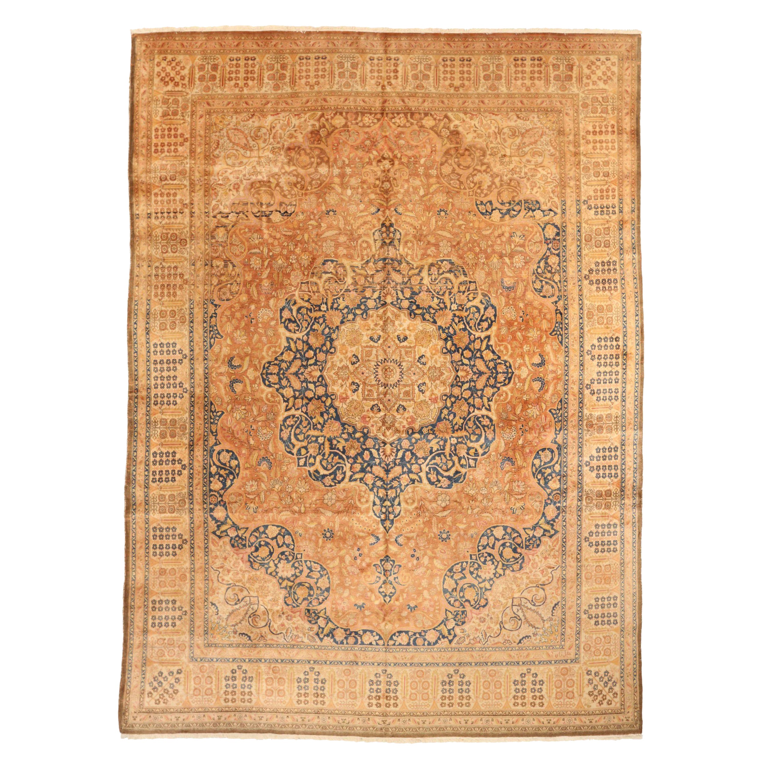Persian Tabriz Area Rug (Round) - Cotton Ivory Navy Blue Orange 71970 For Sale