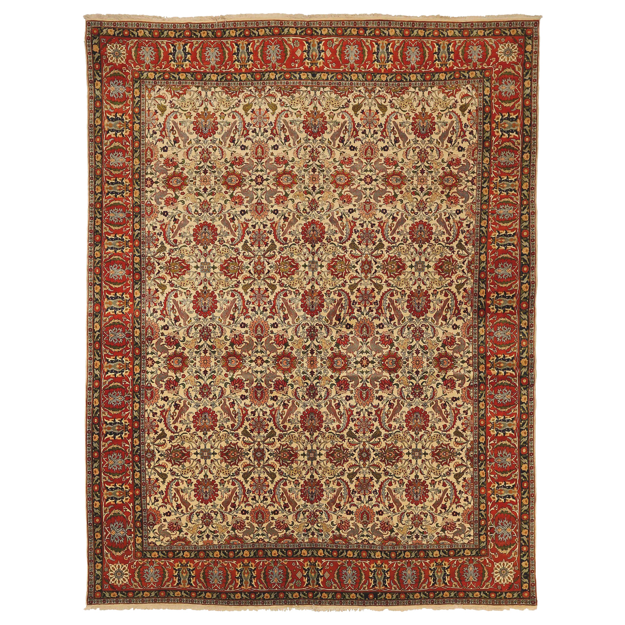 Tapis persans Varamin vers 1910 - Laine ivoire rouge 71982