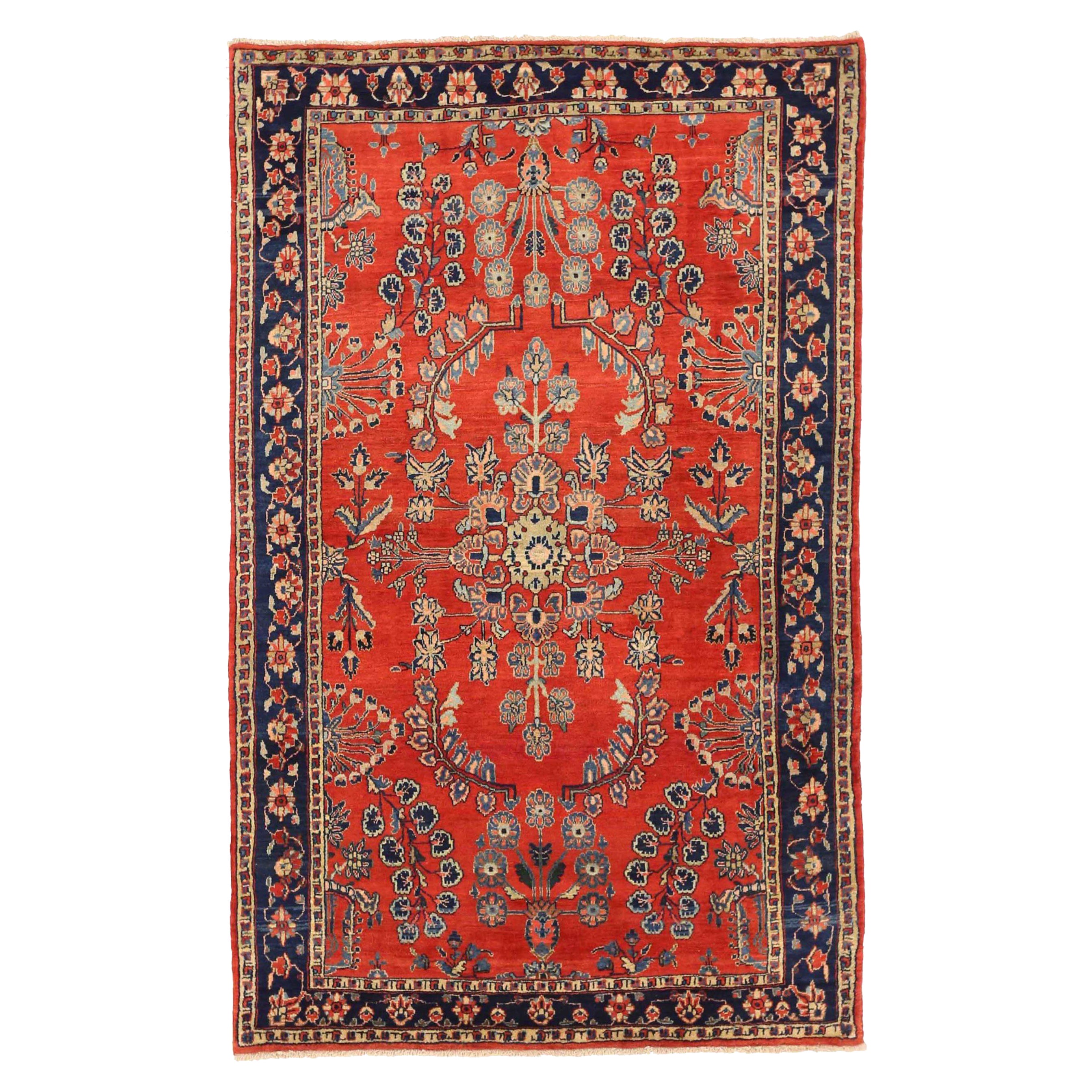 Persian Sarouk Small Rug Circa 1910 - Wool Ivory Navy Blue Red 72194 For Sale
