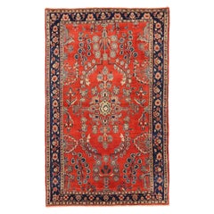 Persian Sarouk Small Rug Circa 1910 - Wool Ivory Navy Blue Red 72194