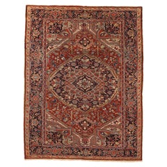 Tapis persan Heriz Small Circa 1940 - Laine Ivoire Bleu marine Rouge 72151